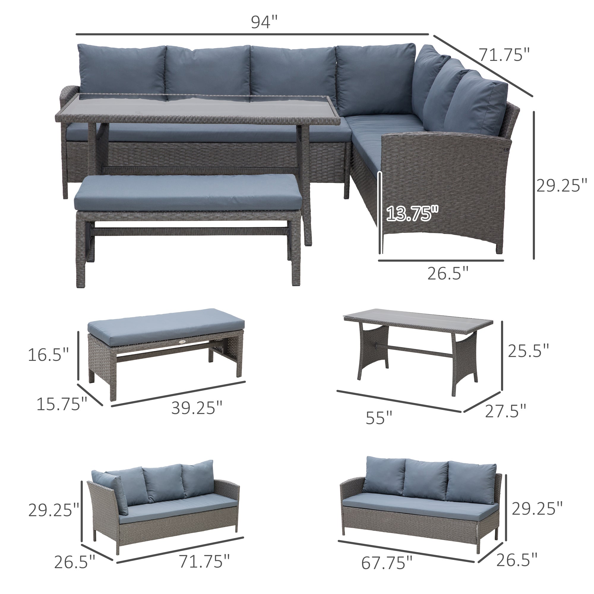 4-Piece Outdoor Rattan Patio Sofa Set – Dining Lounge with Cushions & Glass Table