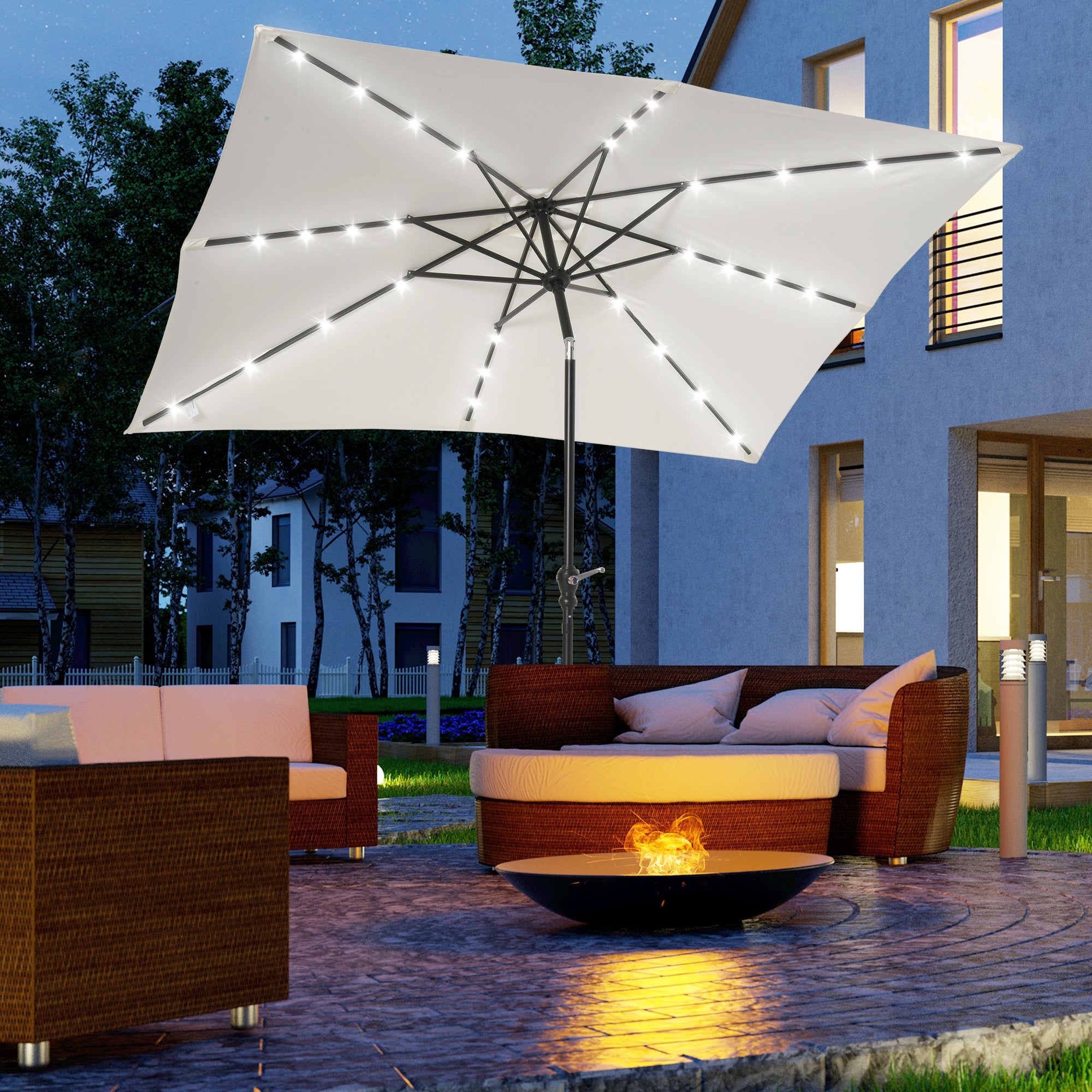 9 ft Solar LED Patio Umbrella with Tilt, Crank, and Vent – Outdoor Market Umbrella for Backyard, Deck, Pool
