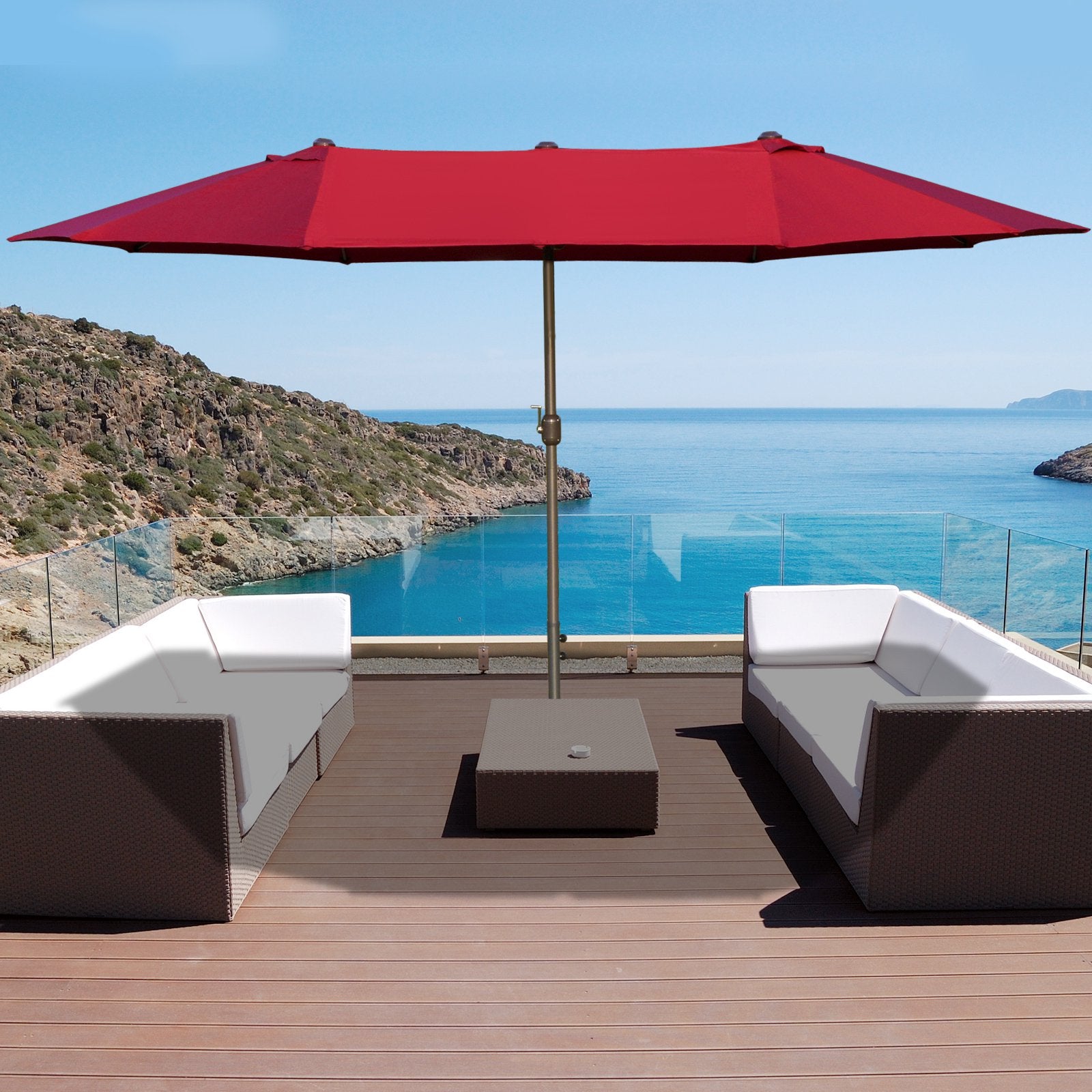 15 ft Extra-Large Double-Sided Patio Umbrella with Cross Base – UV-Resistant Outdoor Market Umbrella with Crank