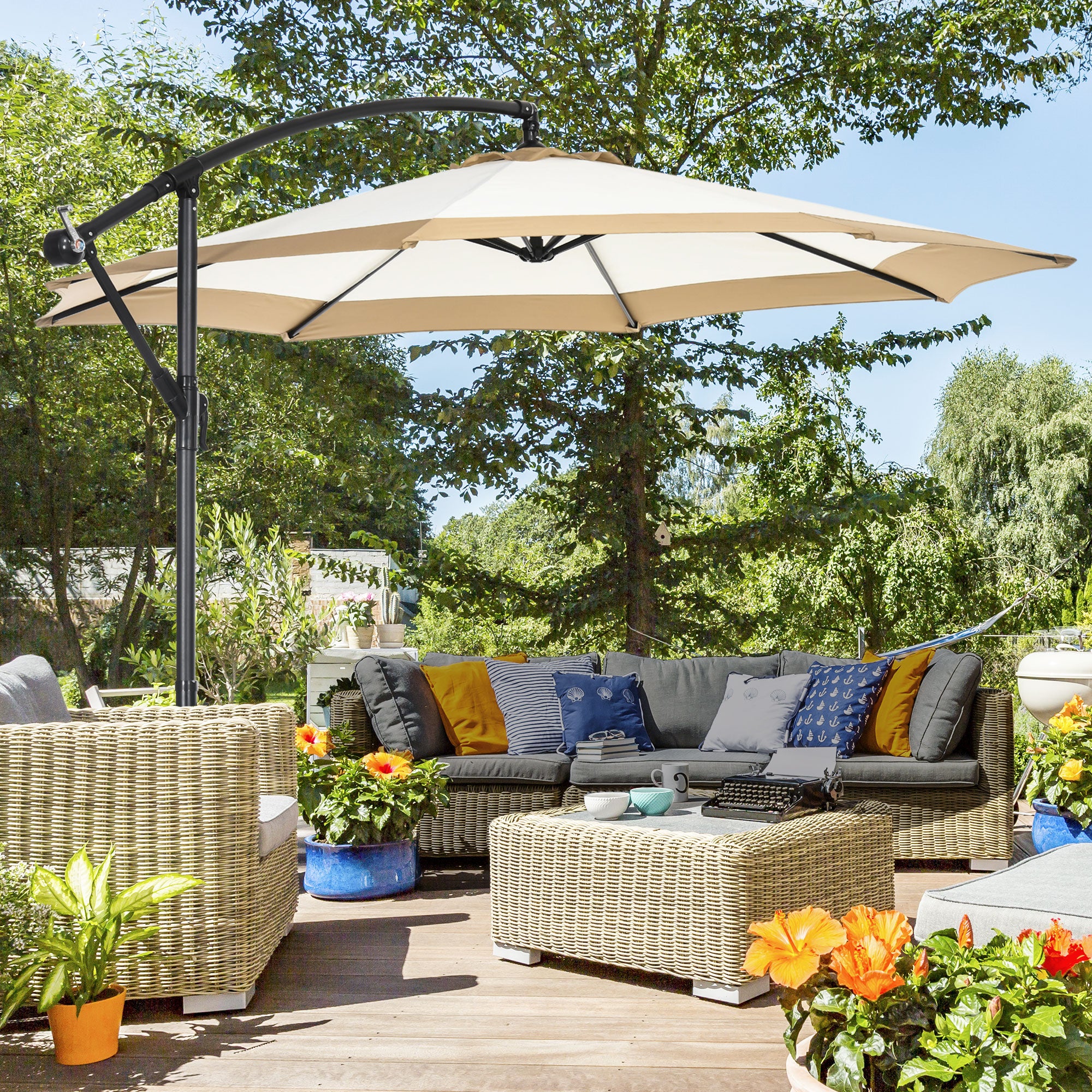 16.25' Cantilever Patio Umbrella with Cross Base – Outdoor Offset Umbrella for Deck, Pool, or Garden – UV-Resistant Shade Canopy