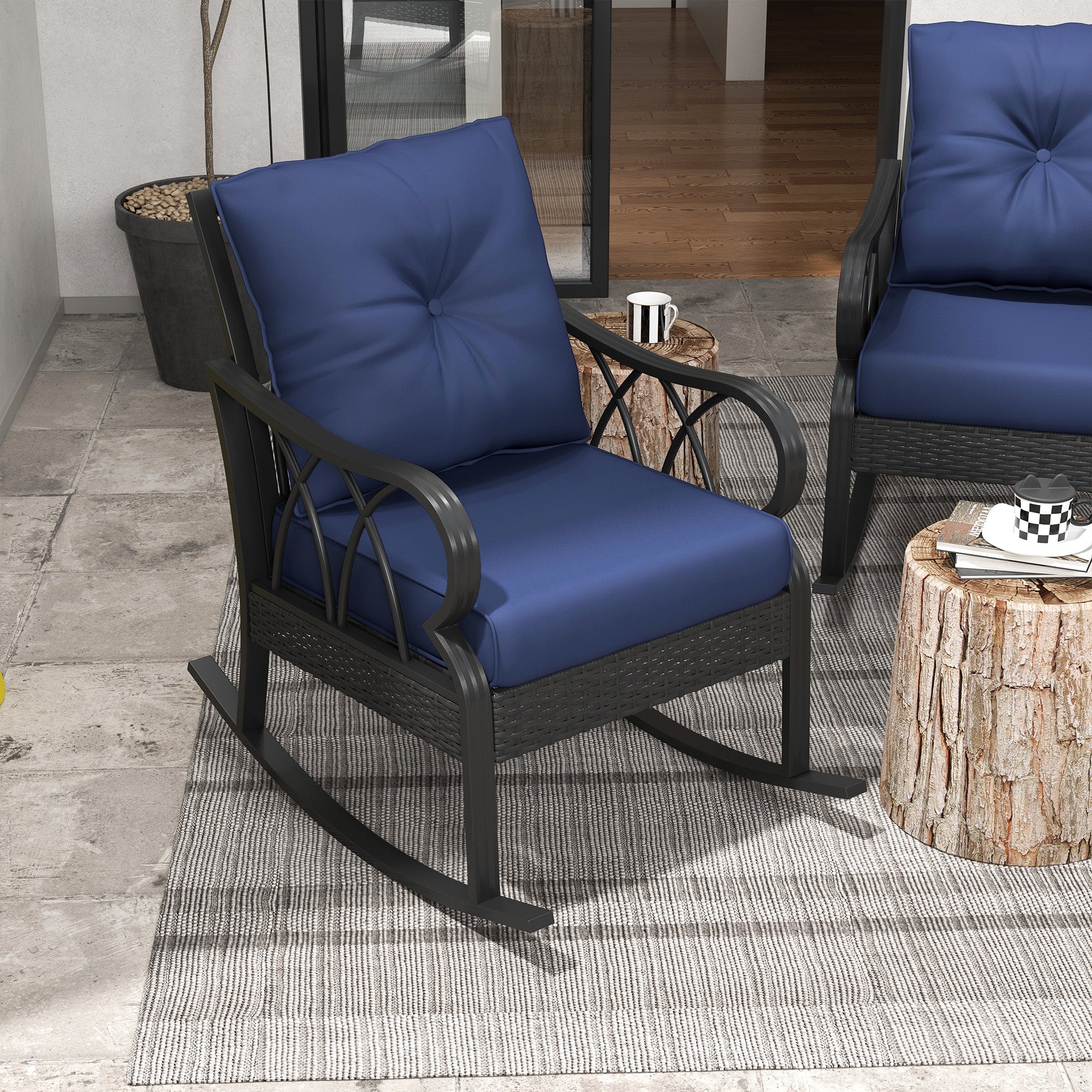 2-Piece Outdoor Wicker Rocking Chair Set – All-Weather PE Rattan Patio Chairs with Cushions – Aluminum Frame