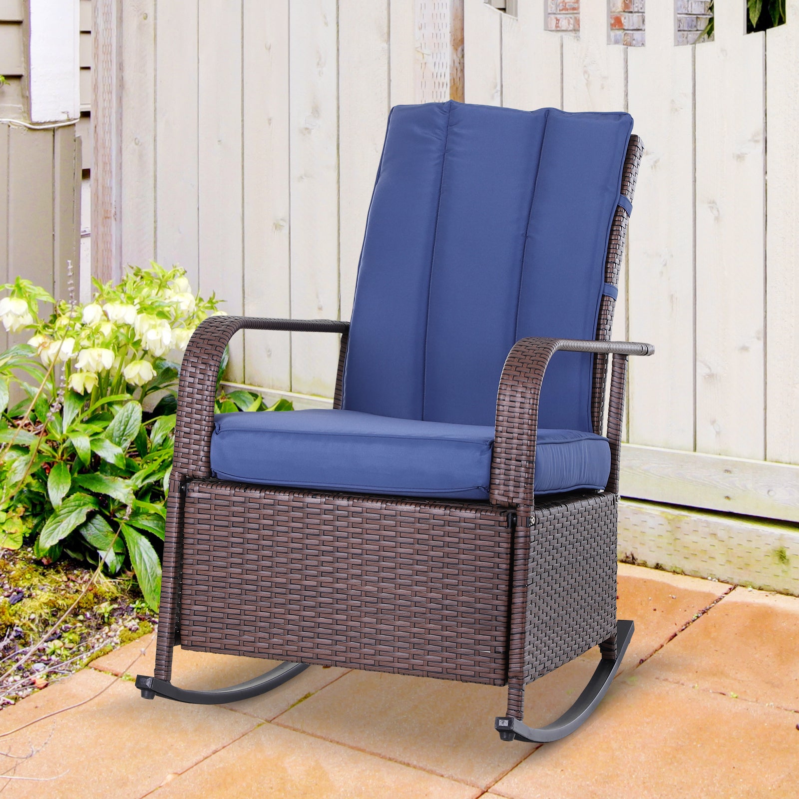 Outdoor Reclining Rattan Rocking Chair with Cushions – Adjustable Footrest, All-Weather PE Wicker