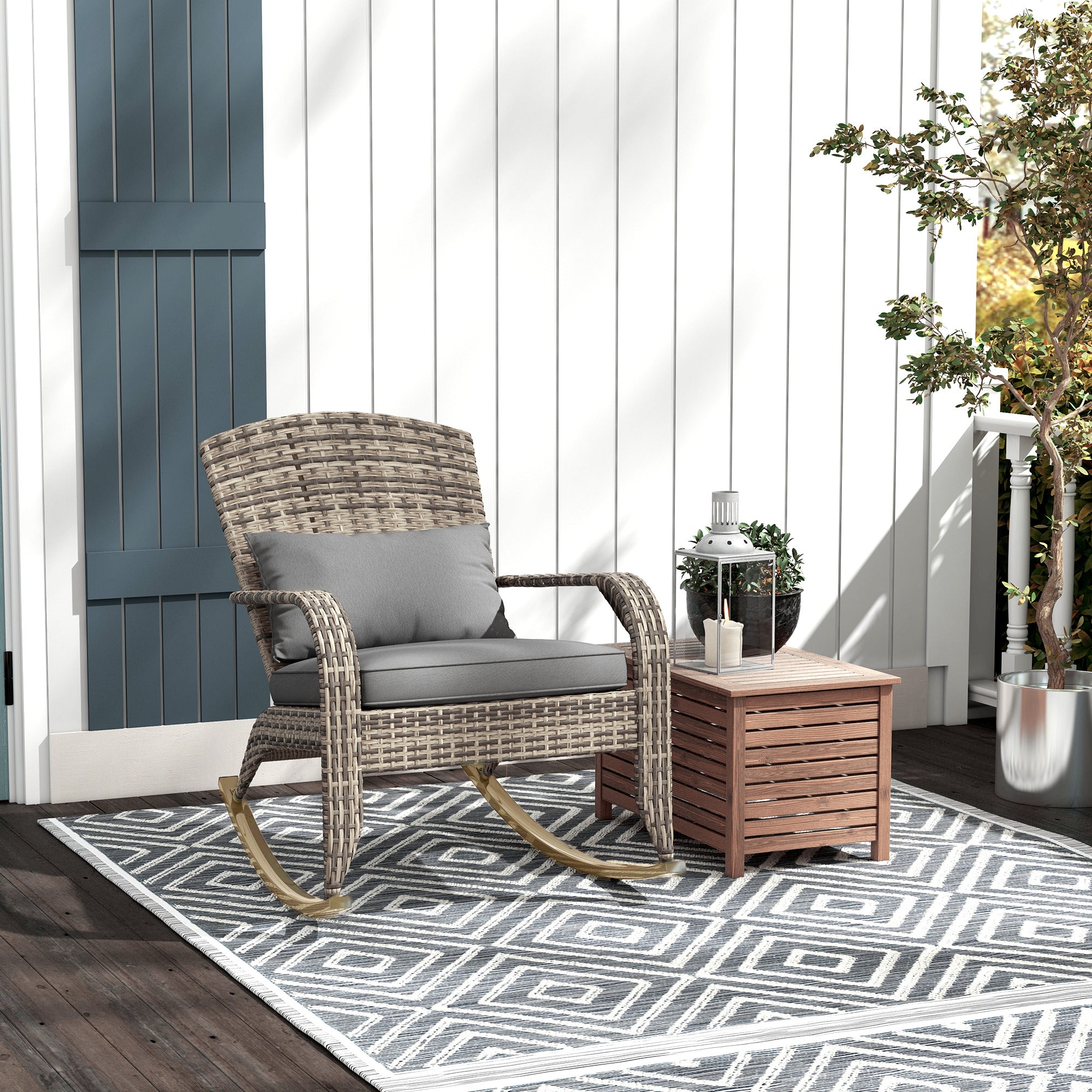 PE Rattan Adirondack Rocking Chair – Handwoven Wicker Style with Cushions