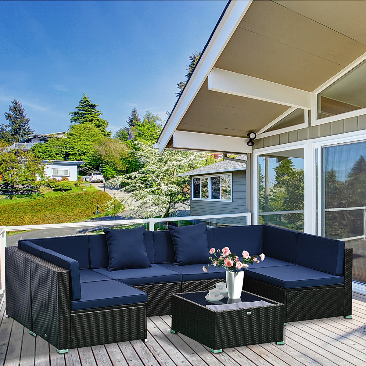 7-Piece Rattan Outdoor Sectional Sofa Set – Modular Patio Seating with Cushions & Glass Coffee Table