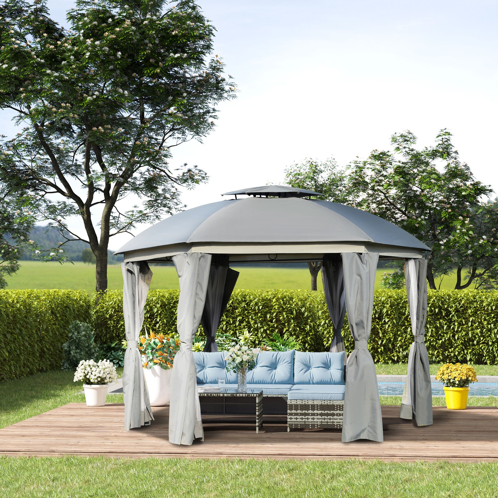 12 ft. Hexagonal Gazebo with Double Roof, Mesh Netting &amp; Privacy Curtains – Outdoor Patio Canopy for Events &amp; Entertaining