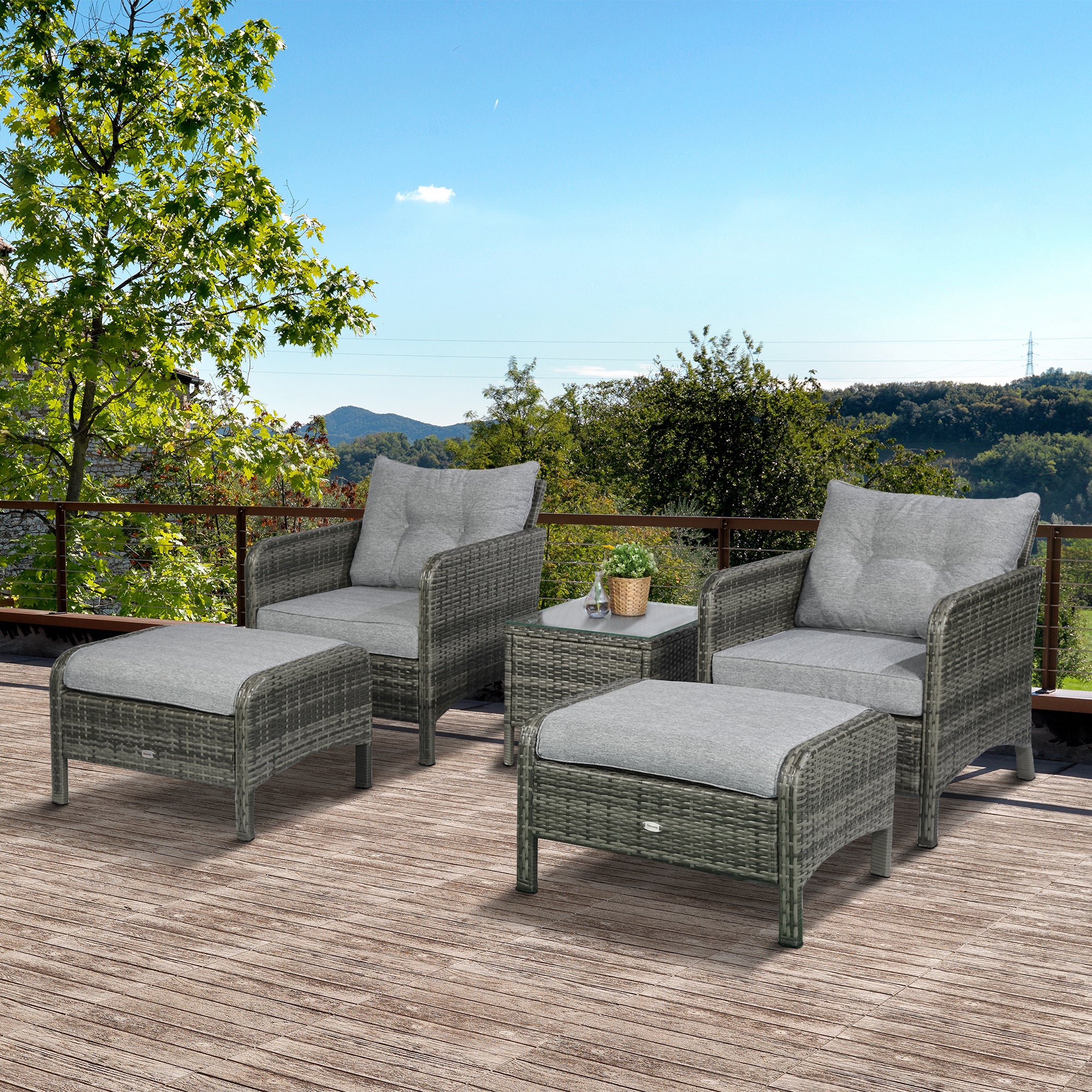 5-Piece Outdoor Rattan Conversation Set – Patio Armchairs with Ottomans, Cushions & Coffee Table