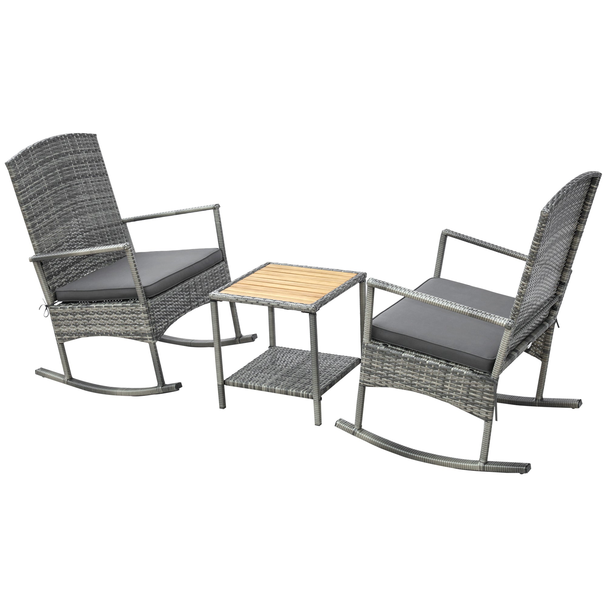 3-Piece Outdoor Rocking Chair Set with Cushions & Wood-Top Coffee Table