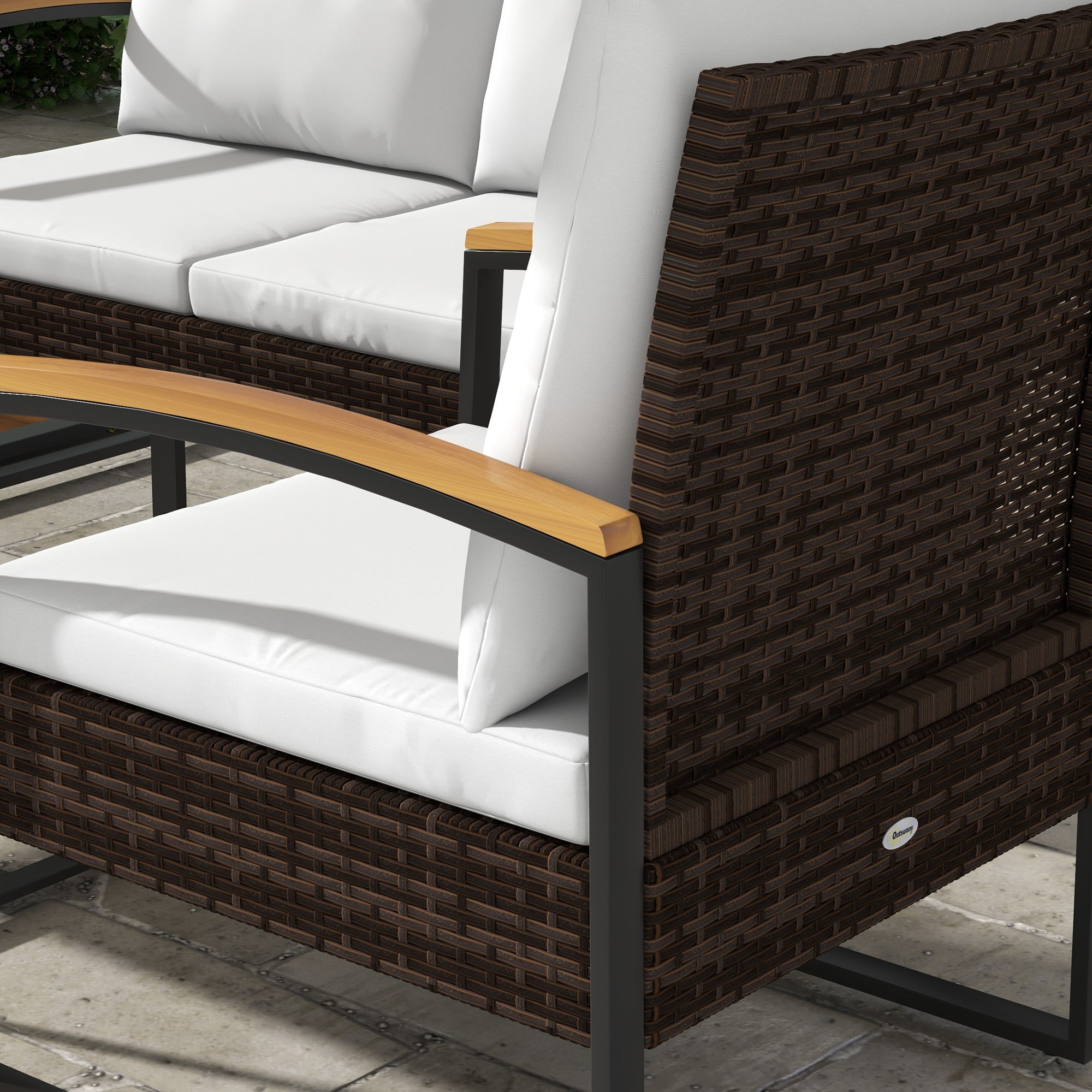 4-Piece Rattan Patio Furniture Set with Acacia Wood Coffee Table & Cushions