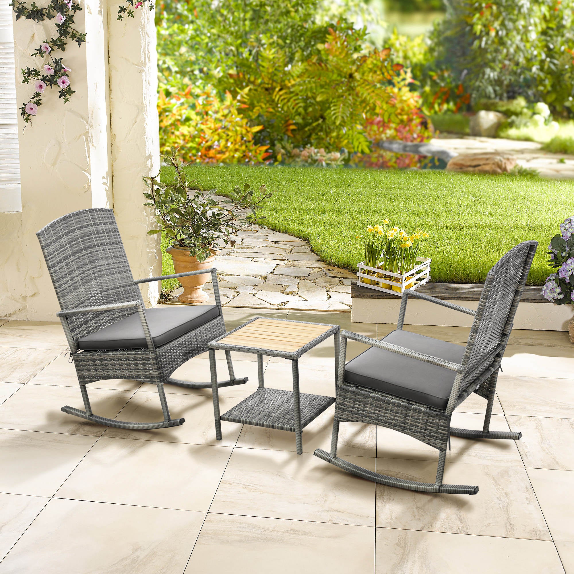 3-Piece Outdoor Rocking Chair Set with Cushions & Wood-Top Coffee Table