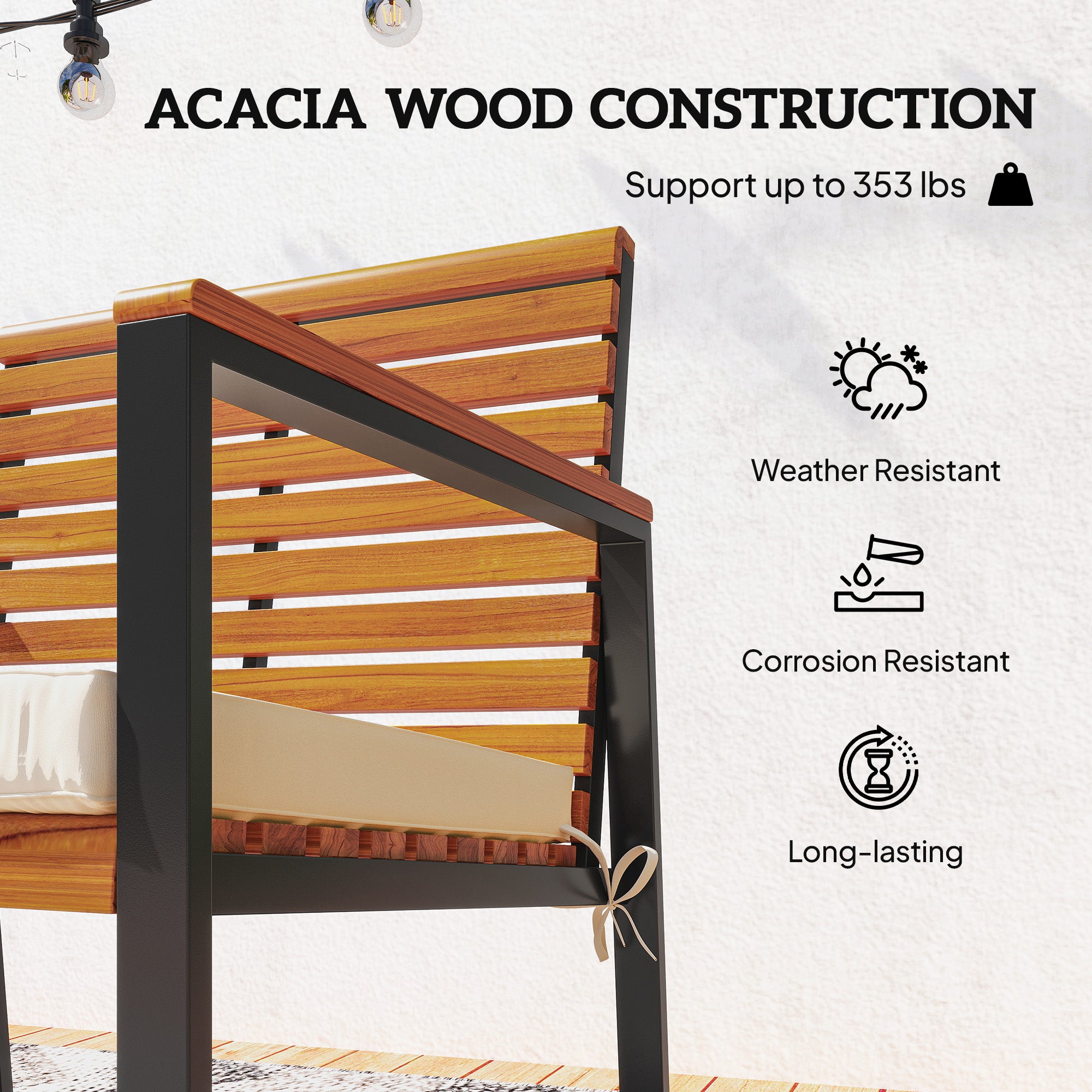 2-Piece Acacia Wood Outdoor Rocking Chair Set with Cushions