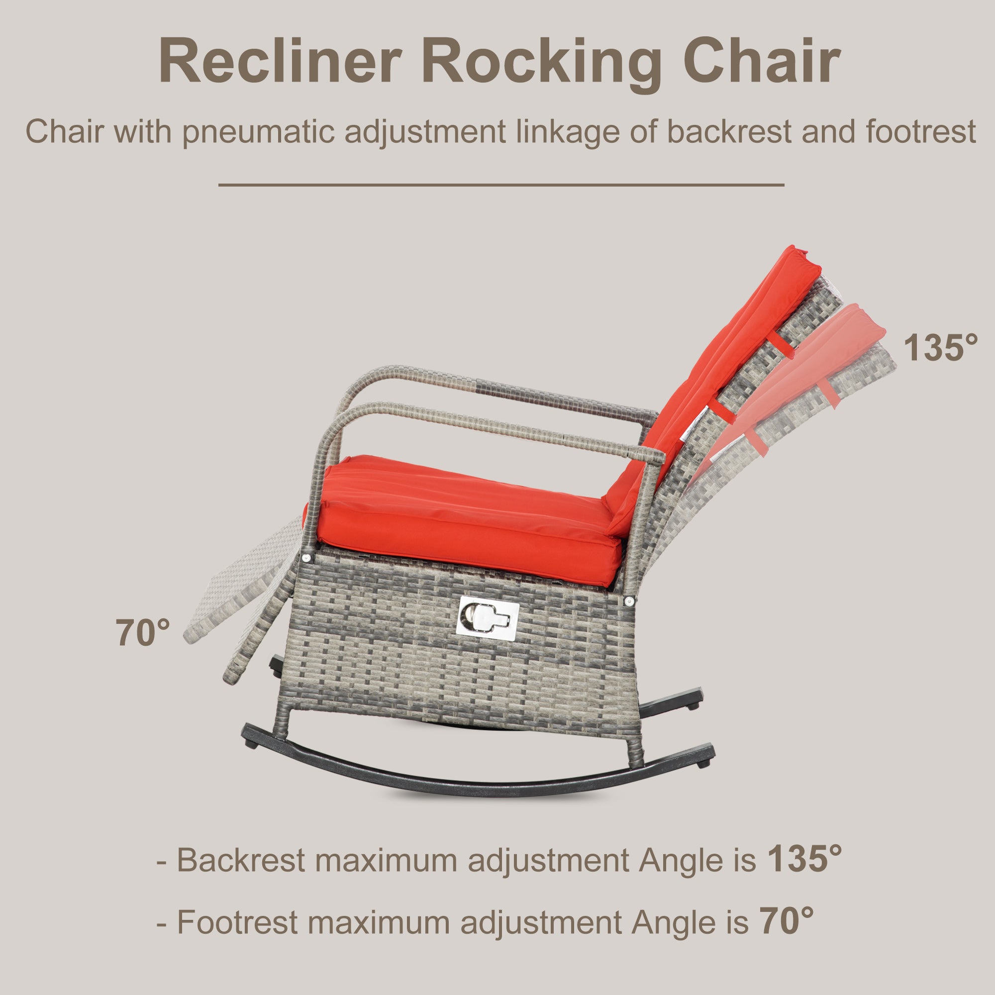 Outdoor Reclining Rattan Rocking Chair with Cushions – Adjustable Footrest, All-Weather PE Wicker