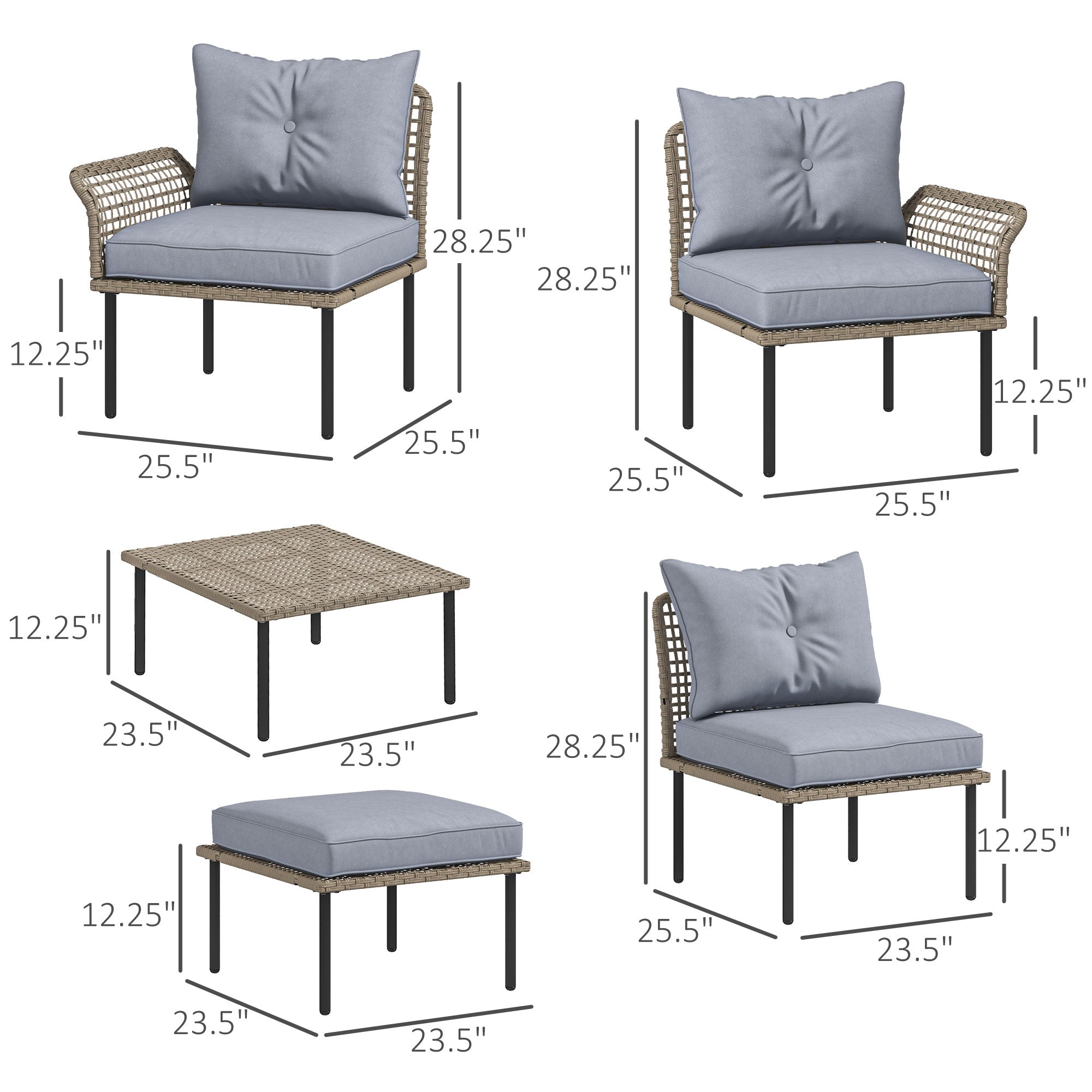 5-Piece Modular PE Rattan Patio Sectional Set with Cushions & Coffee Table