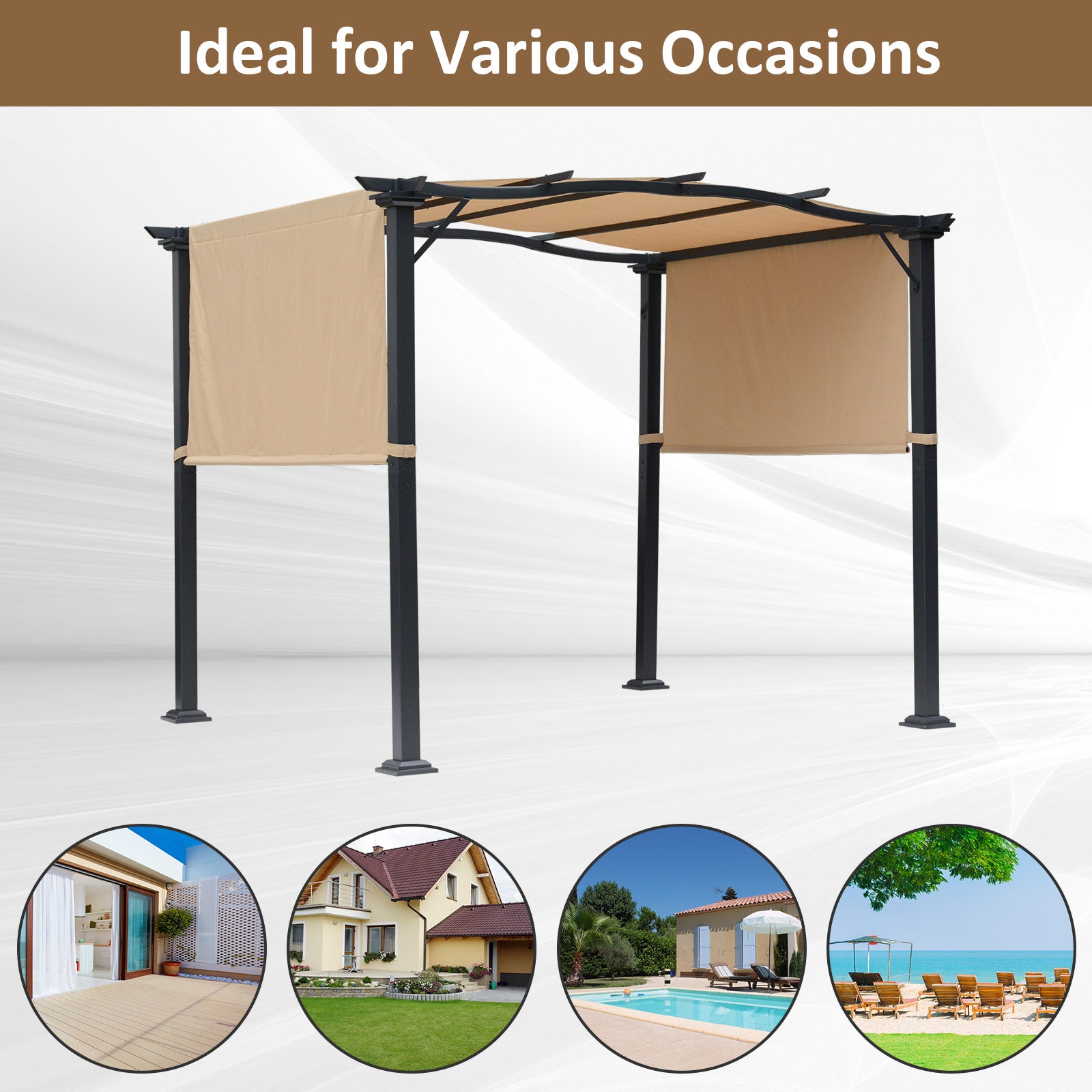 8' x 10' Steel Patio Pergola with Retractable Canopy