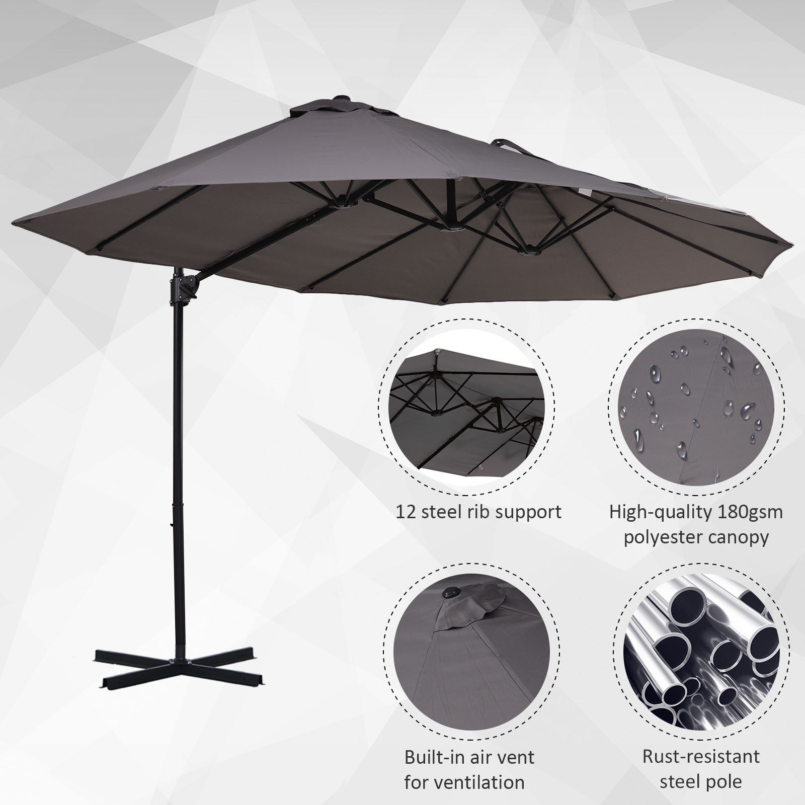 14.4 ft Double-Sided Offset Patio Umbrella with Crank Lift – Outdoor Cantilever Sun Shade for Patio, Deck, Garden, or Pool