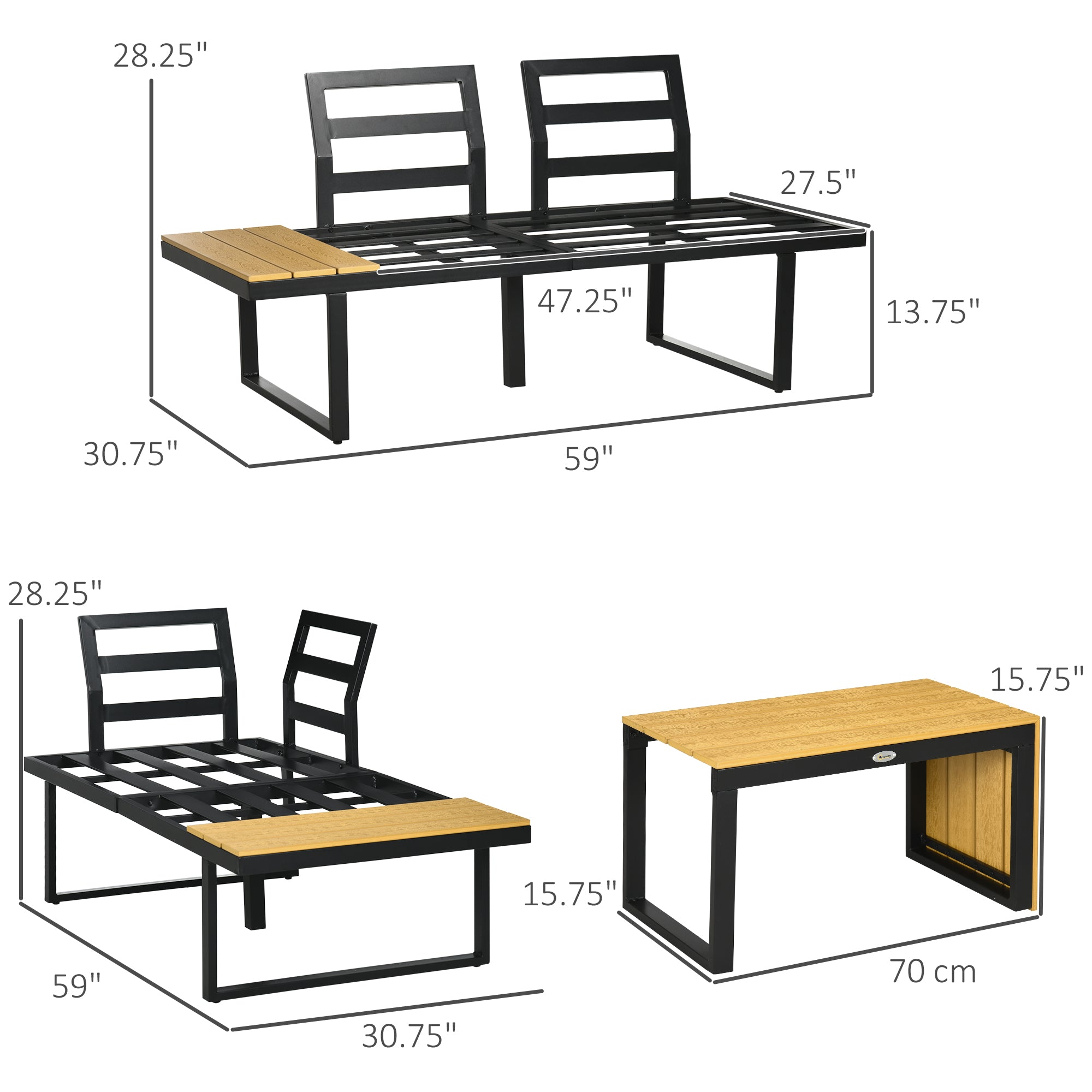 3-Piece Outdoor Aluminum Sectional Sofa Set with Chaise Lounge & Coffee Table