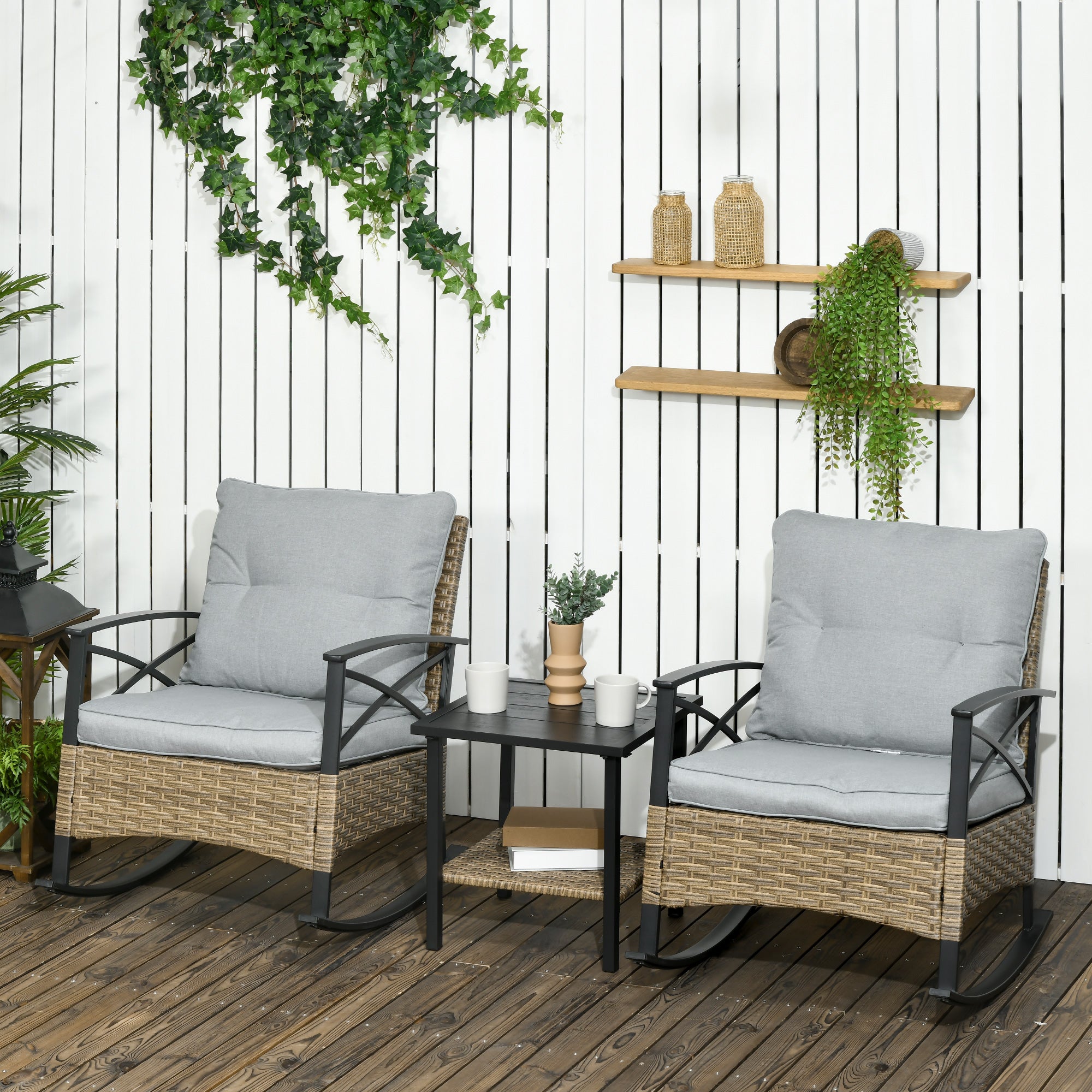 3-Piece Outdoor Rocking Chair Set with Cushions &amp; Coffee Table