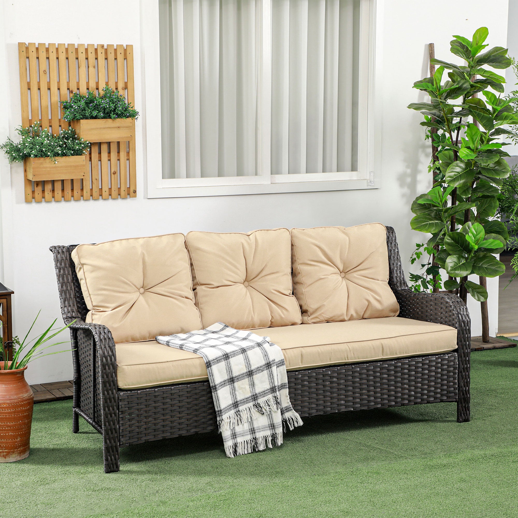 3-Seat Outdoor Rattan Sofa with Cushions