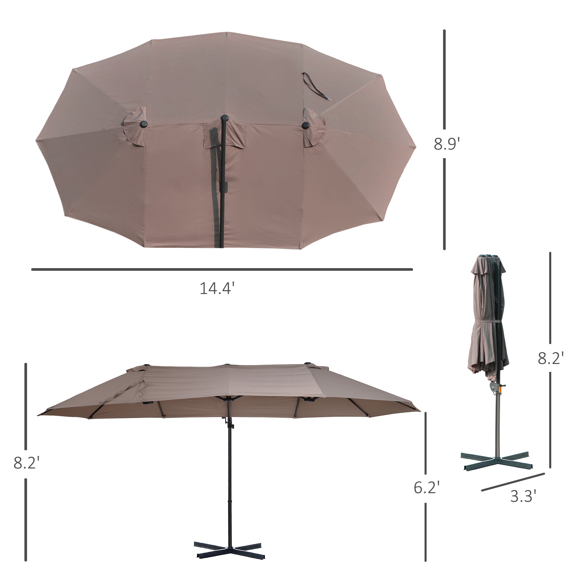 14.4 ft Double-Sided Offset Patio Umbrella with Crank Lift – Outdoor Cantilever Sun Shade for Patio, Deck, Garden, or Pool