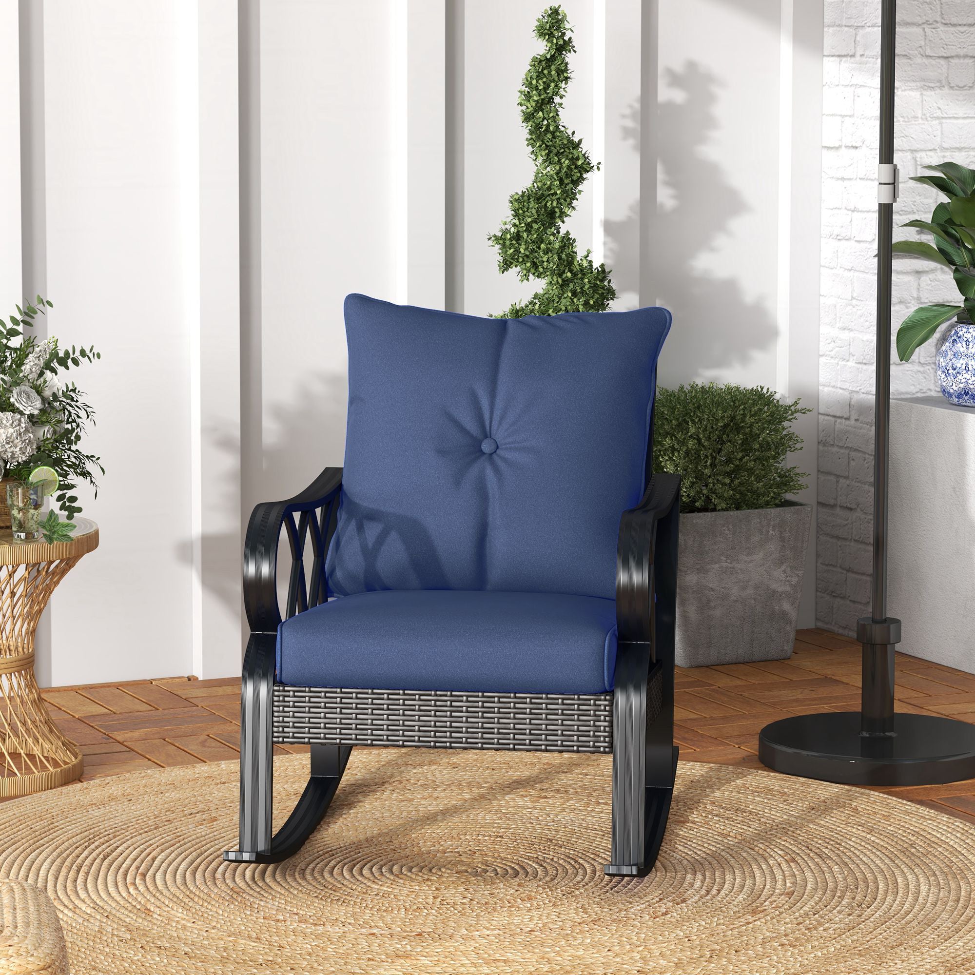 2-Piece Outdoor Wicker Rocking Chair Set – All-Weather PE Rattan Patio Chairs with Cushions – Aluminum Frame