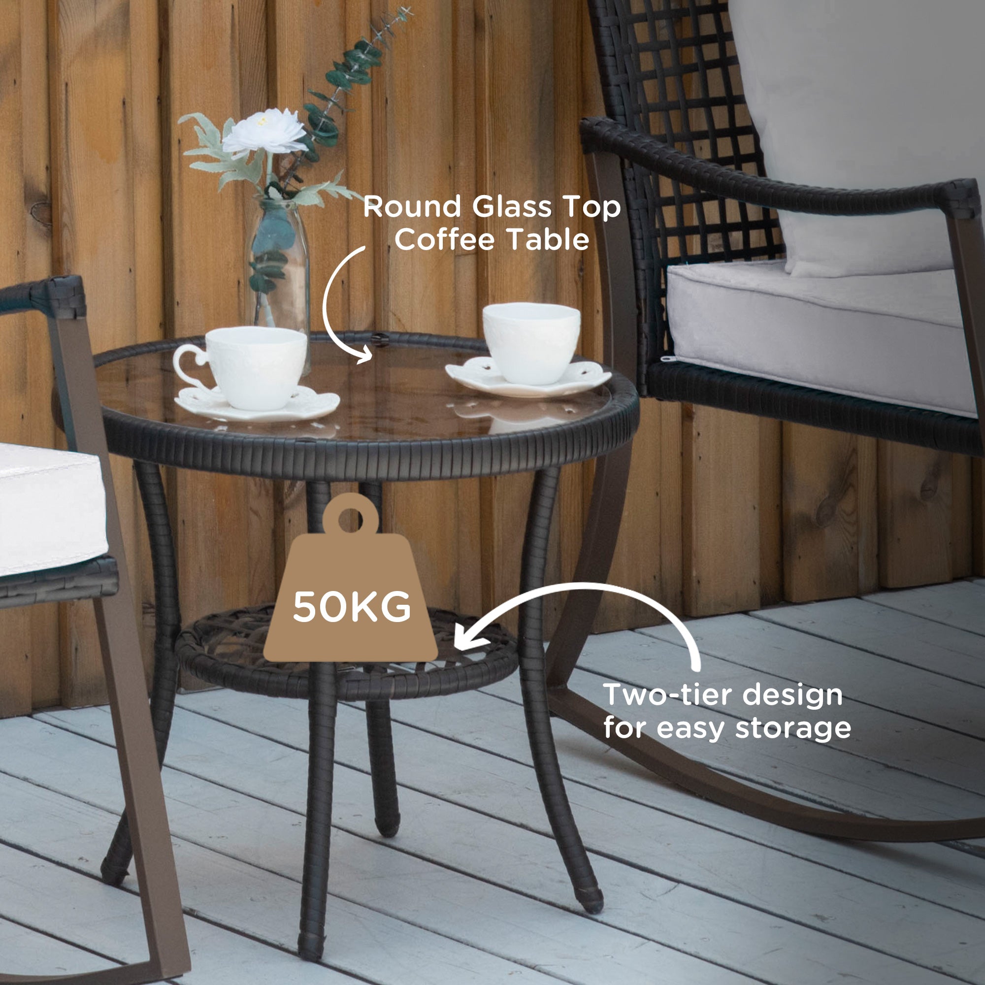 3-Piece Outdoor Rocking Chair Set with Tempered Glass Table