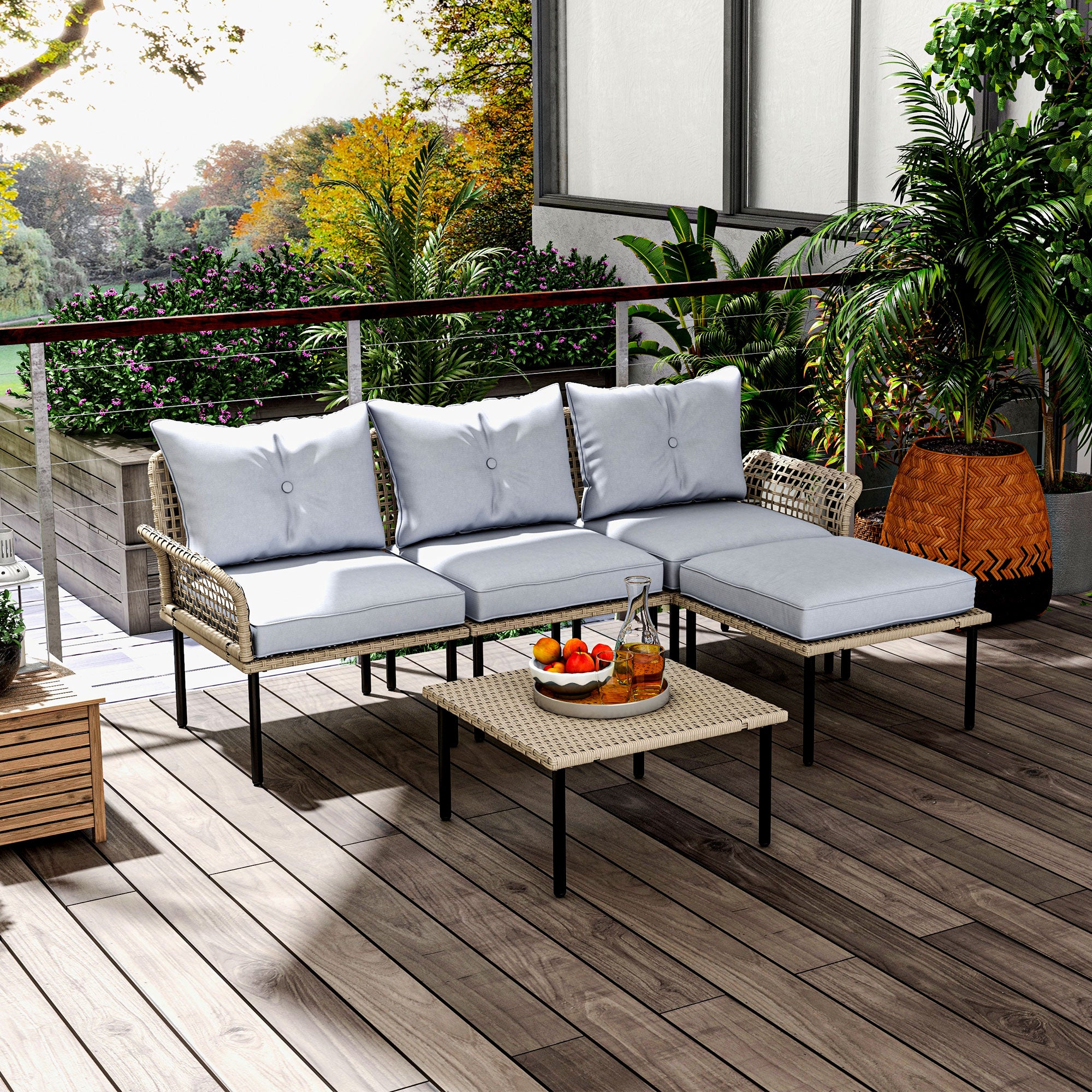 5-Piece Modular PE Rattan Patio Sectional Set with Cushions & Coffee Table
