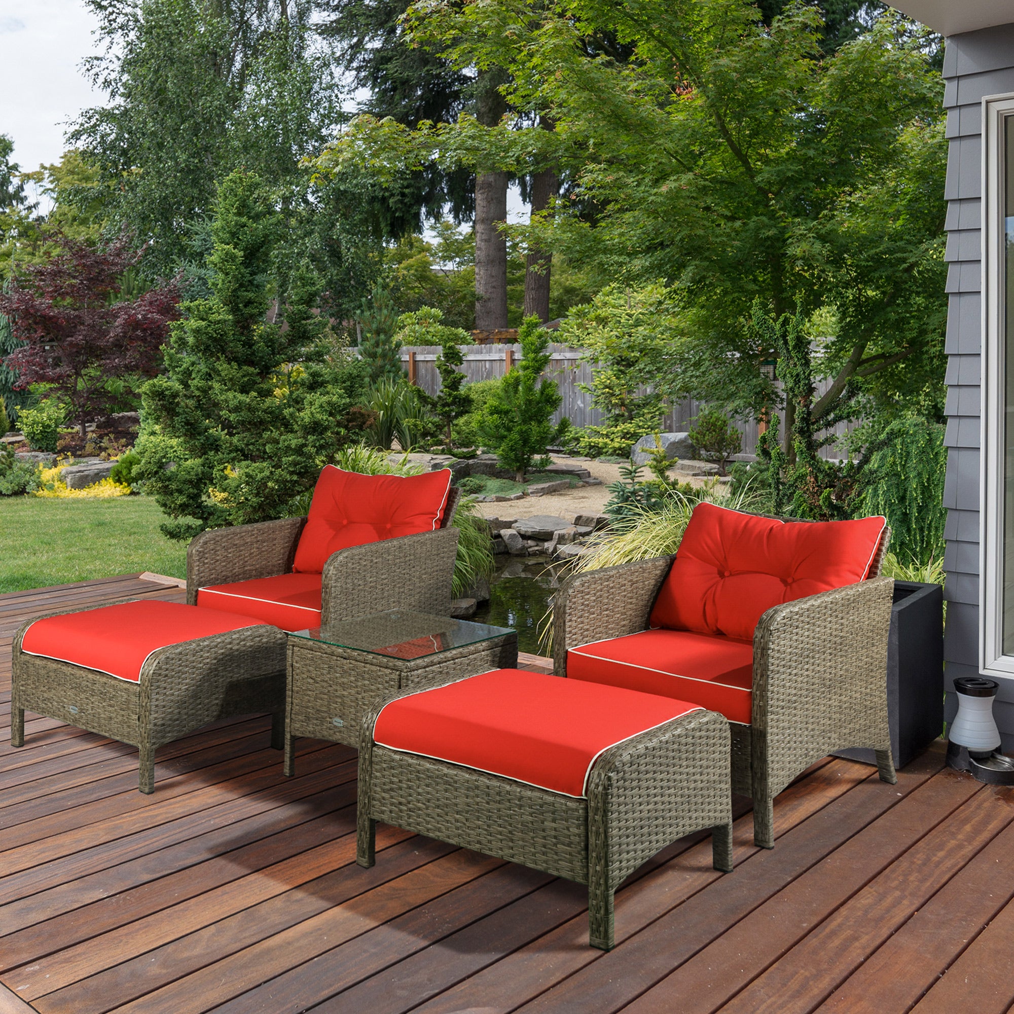 5-Piece Outdoor Rattan Conversation Set – Patio Armchairs with Ottomans, Cushions & Coffee Table