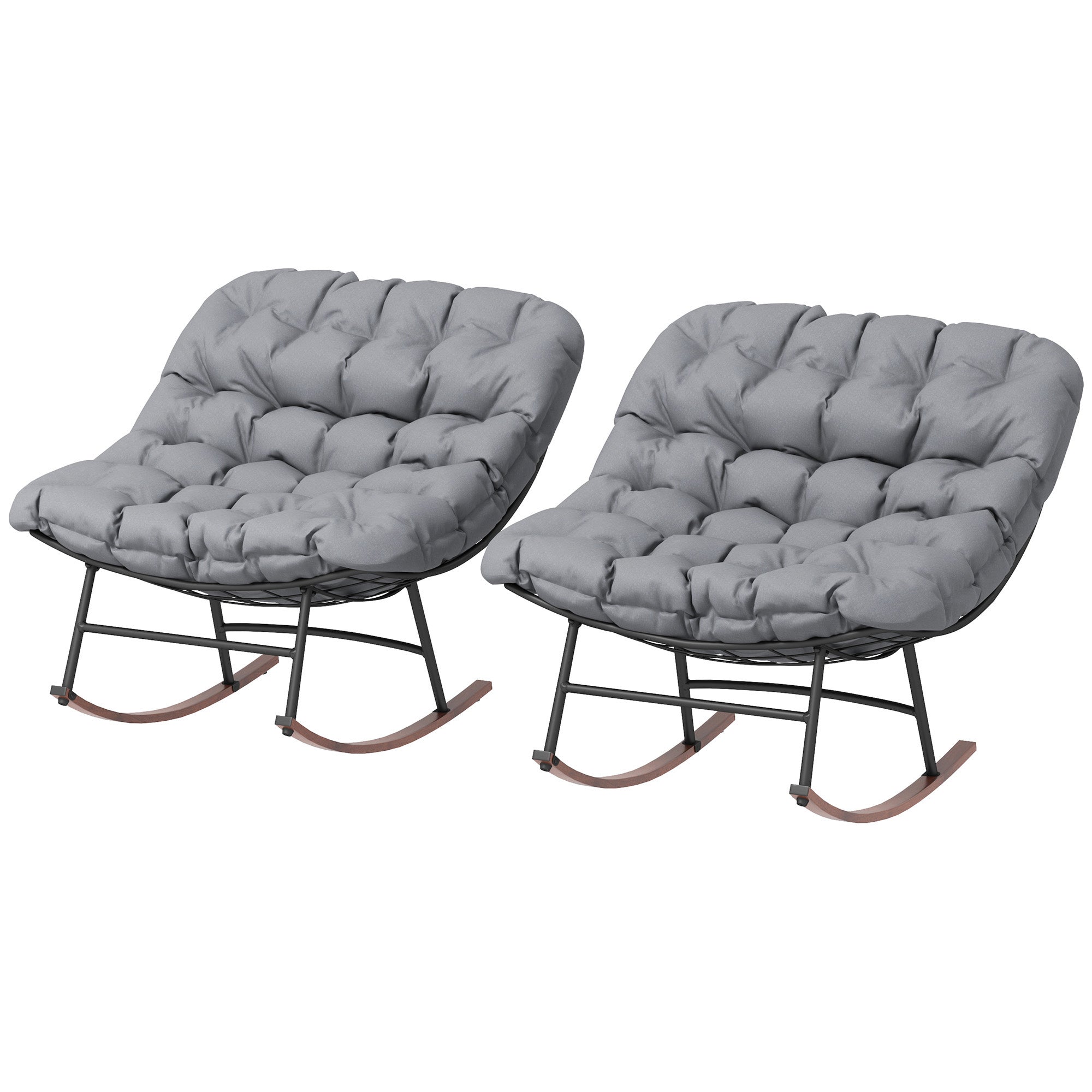2-Piece Modern Outdoor Papasan Rocking Chair Set with Cushions – Steel Frame with Woodgrain Finish