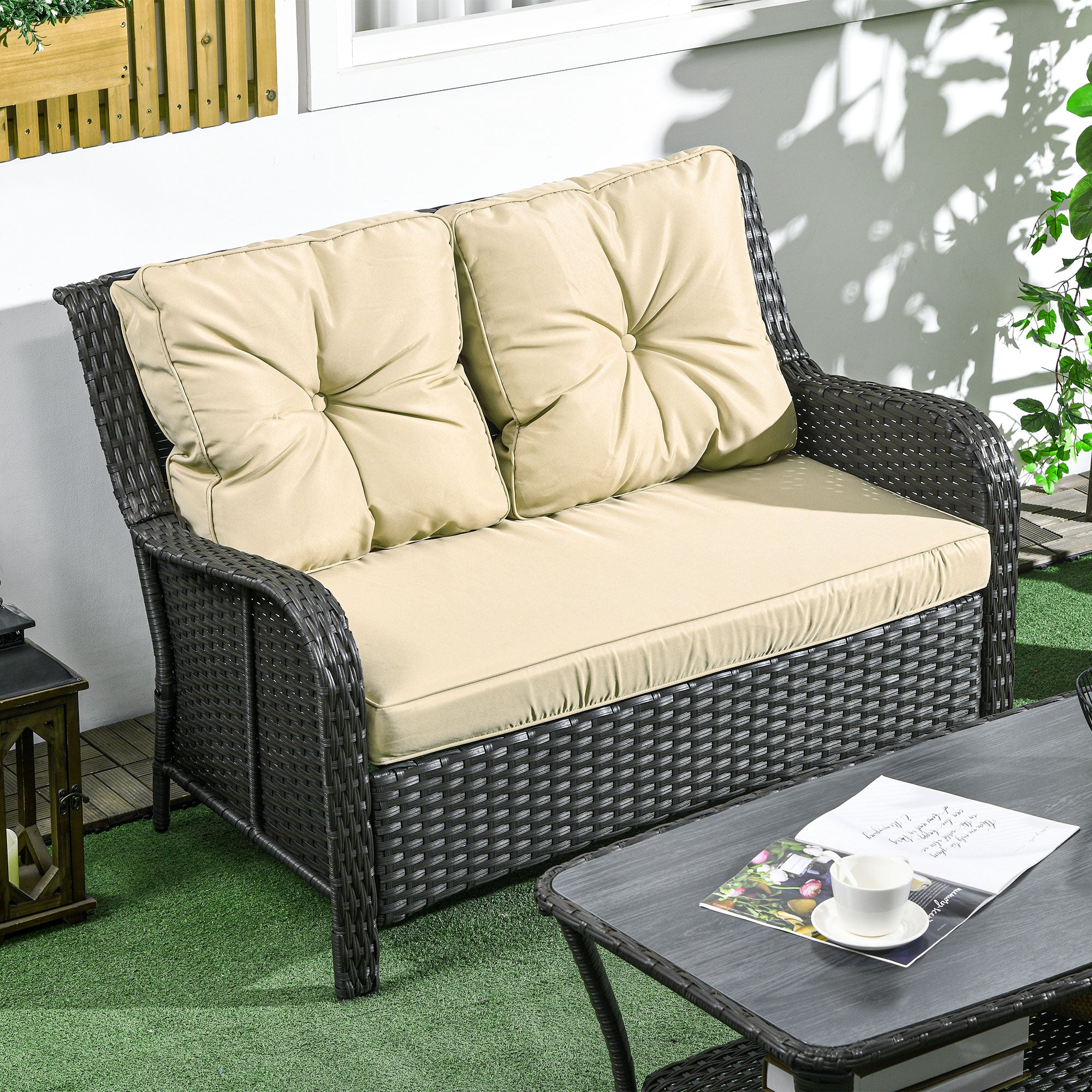 2-Seat Outdoor Rattan Sofa with Cushions – Handwoven Patio Loveseat