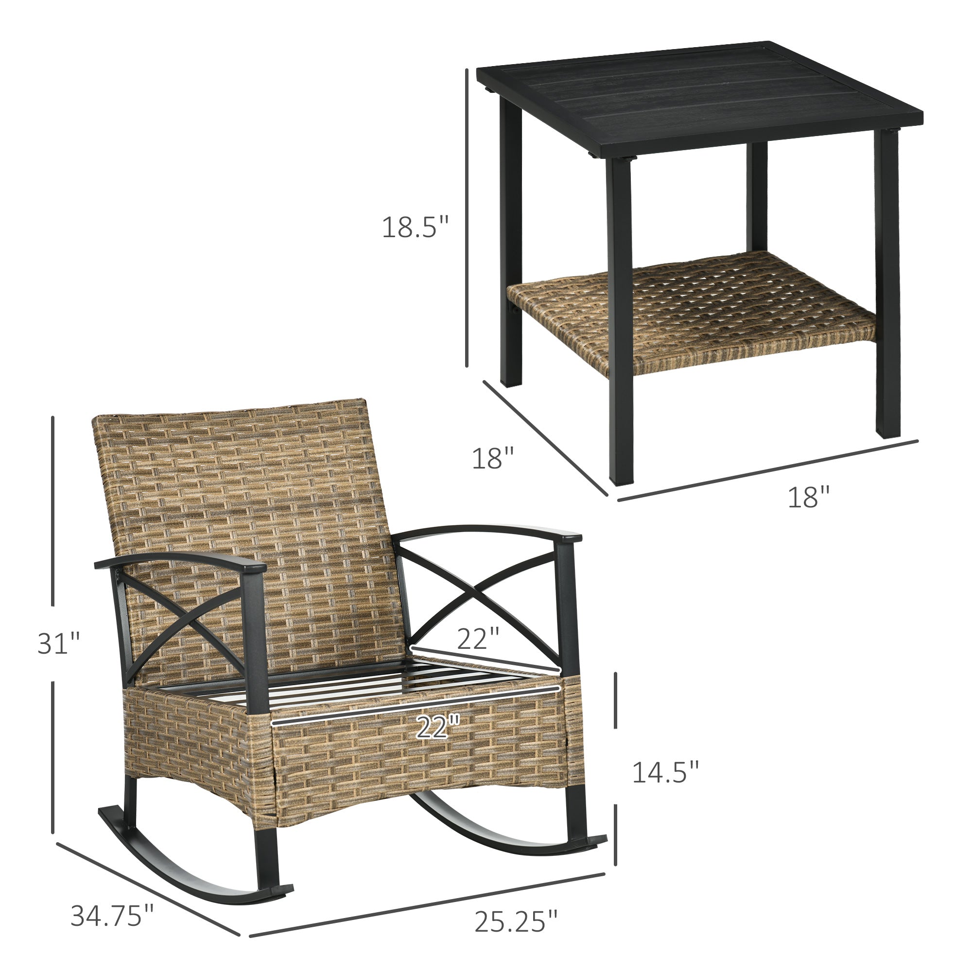 3-Piece Outdoor Rocking Chair Set with Cushions &amp; Coffee Table