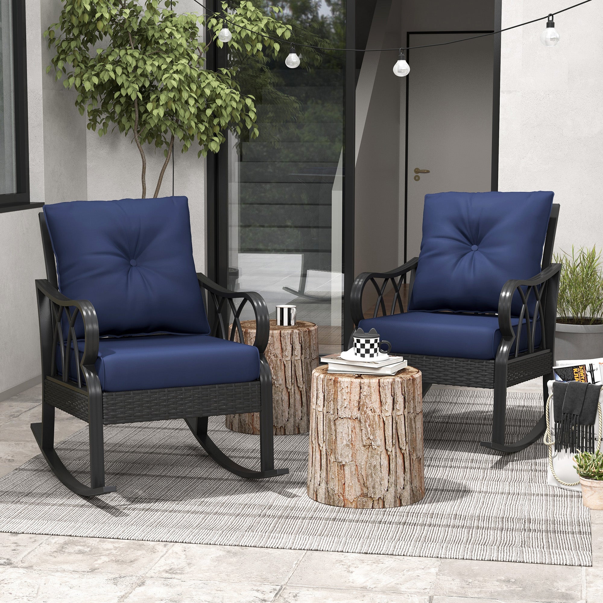 2-Piece Outdoor Wicker Rocking Chair Set – All-Weather PE Rattan Patio Chairs with Cushions – Aluminum Frame