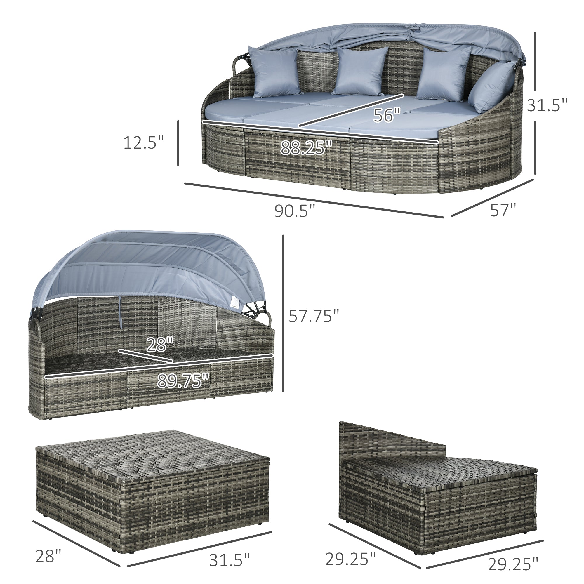 4-Piece Outdoor Convertible Daybed with Retractable Canopy – Rattan Patio Sectional Sofa Set with Cushions