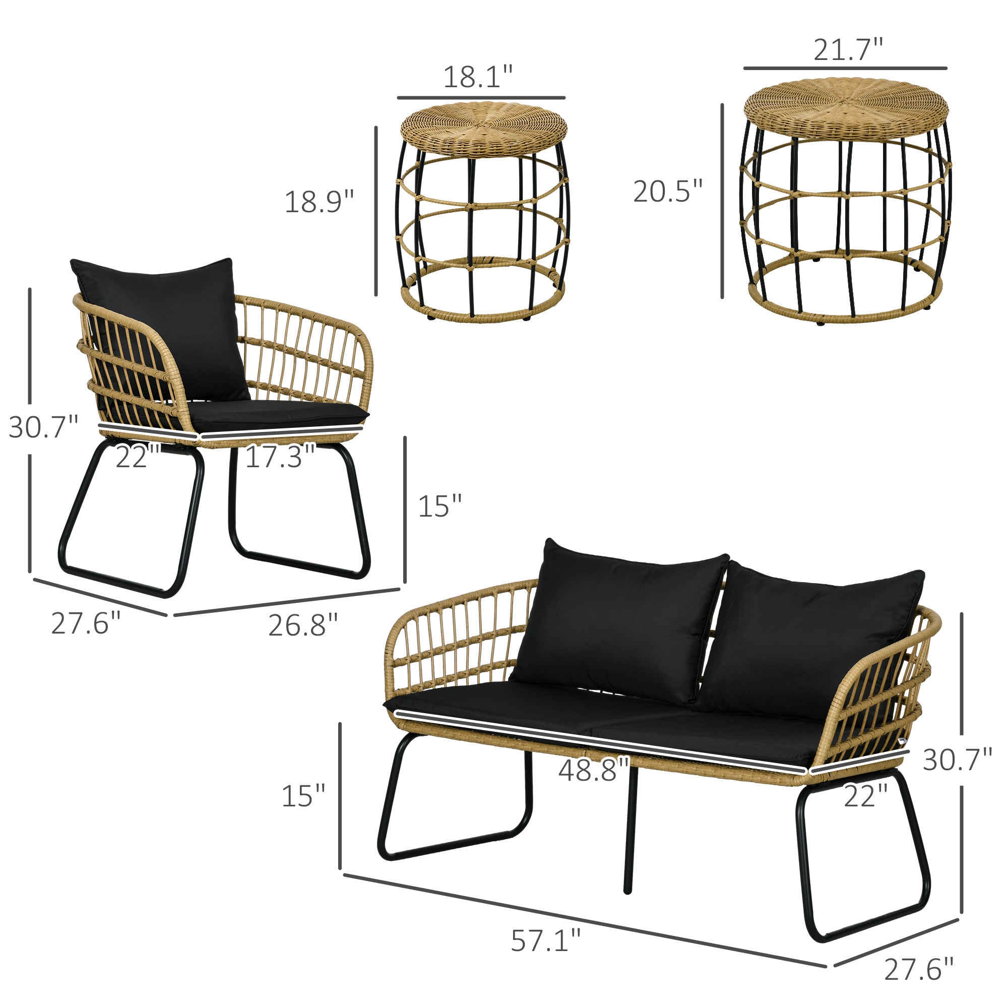 5-Piece Wicker Outdoor Patio Furniture Set with Loveseat, Chairs & Nesting Tables