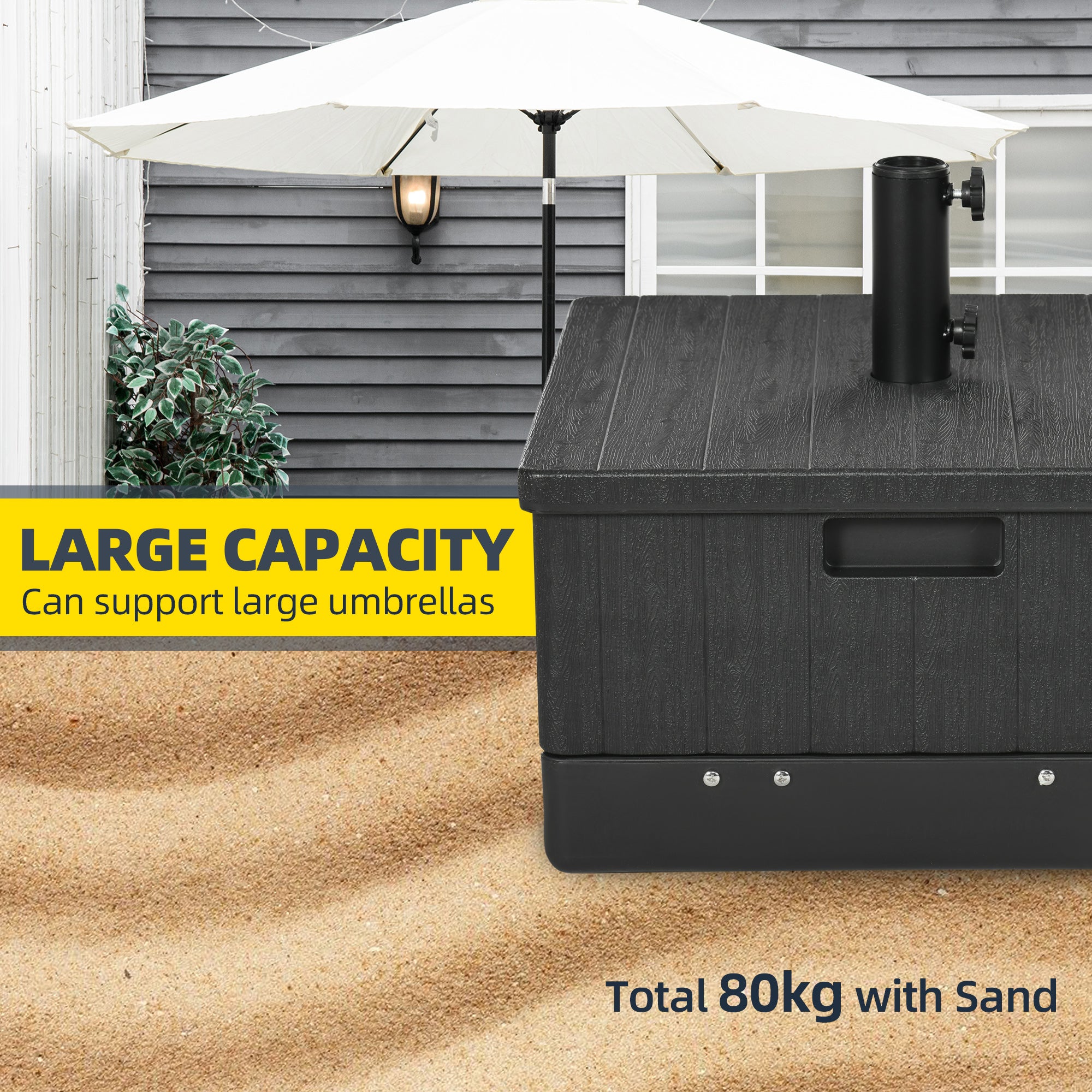 Fillable Patio Umbrella Base with Adjustable Table Tray – Heavy-Duty Outdoor Umbrella Stand with Wheels – Fits 1.5"/1.9" Poles