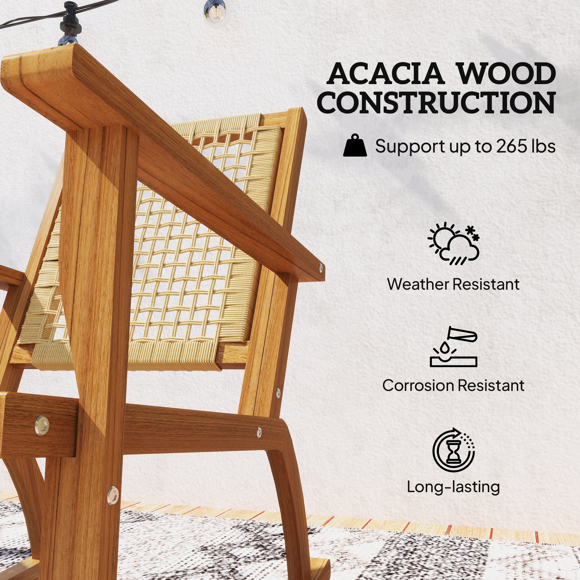 2-Piece Acacia Wood Outdoor Rocking Chair Set with Wicker Back and Seat