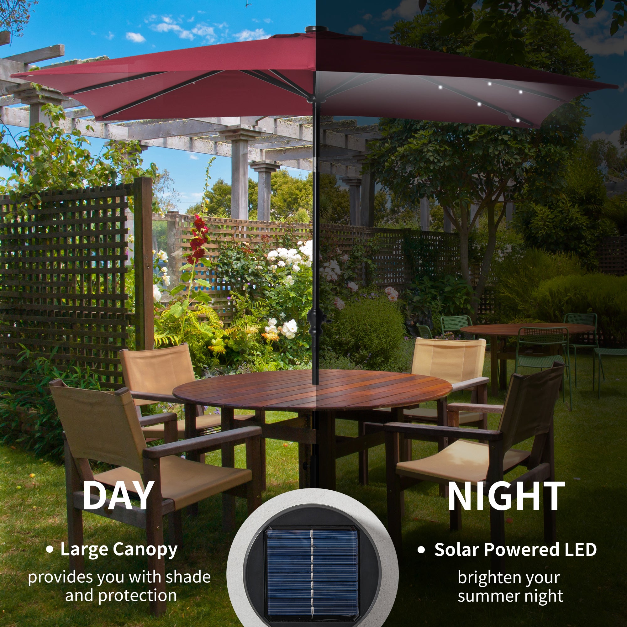9 ft Solar LED Patio Umbrella with Tilt, Crank, and Vent – Outdoor Market Umbrella for Backyard, Deck, Pool