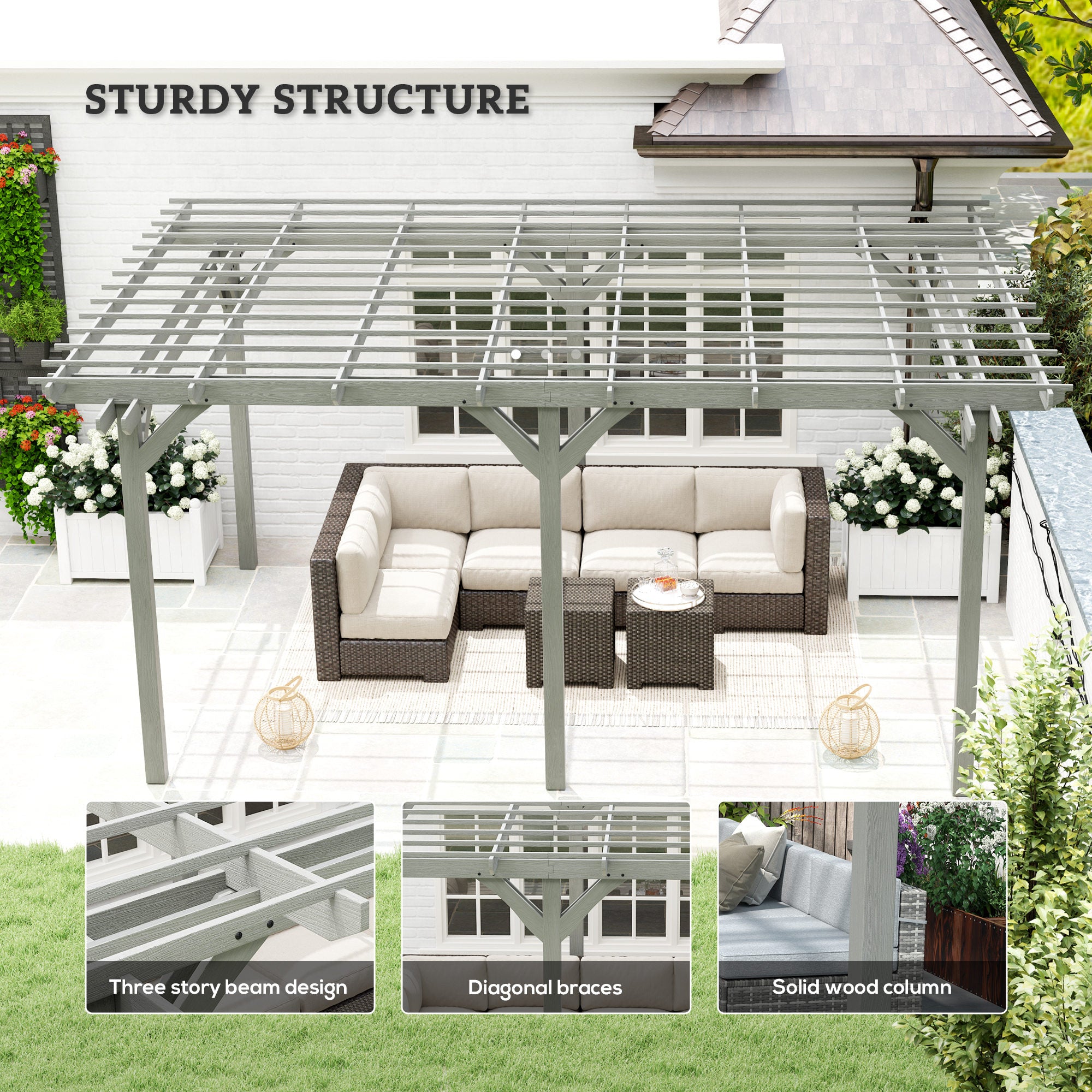 16' x 12' Wooden Garden Pergola with Open Roof Trellis