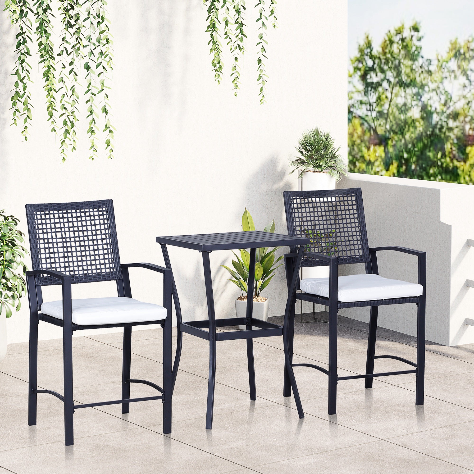 3-Piece Bar-Height Patio Furniture Set with PE Rattan & Cushioned Stools