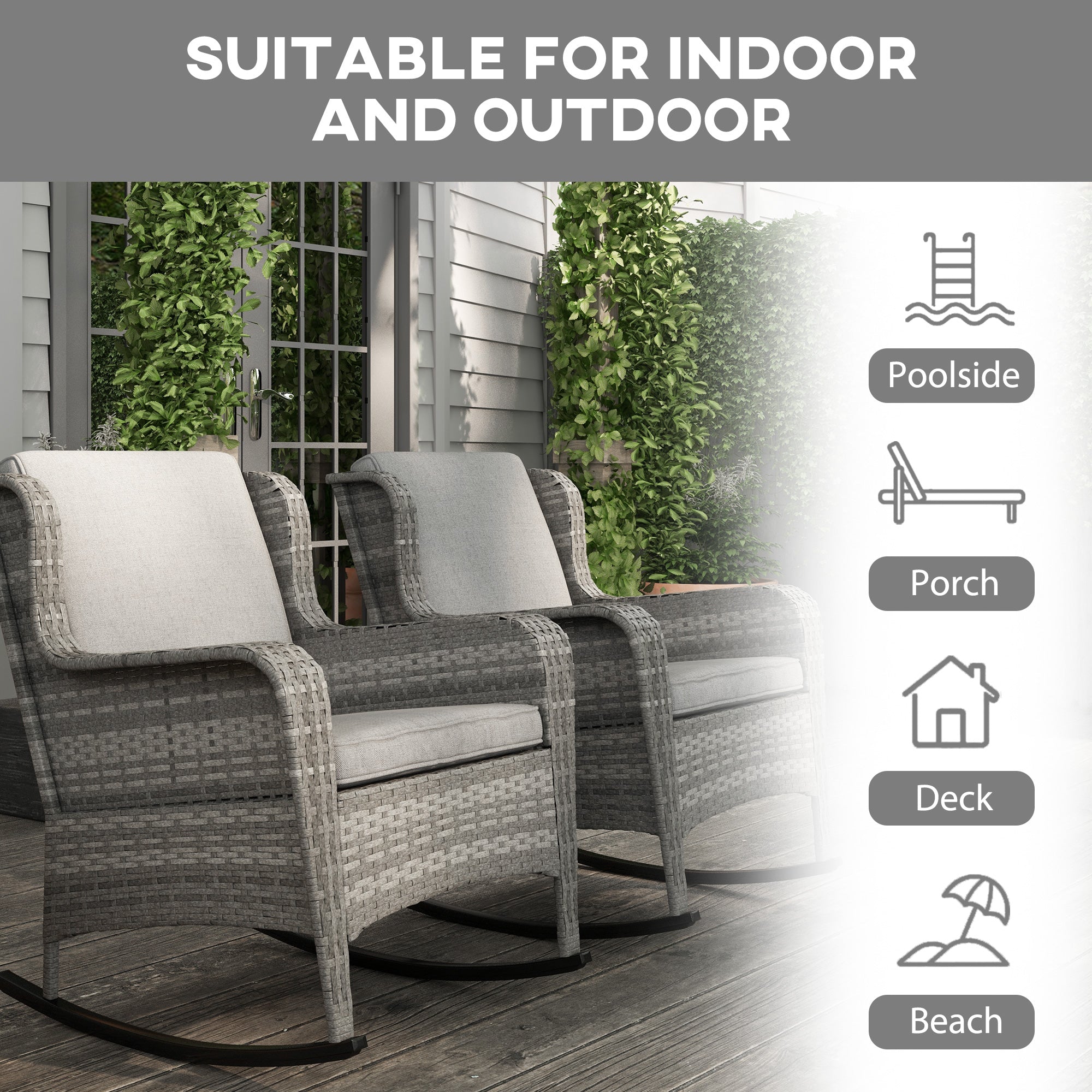 Outdoor Rattan Rocking Chair Set – Set of 2 Porch Rockers with Cushions – All-Weather PE Wicker & Steel Frame