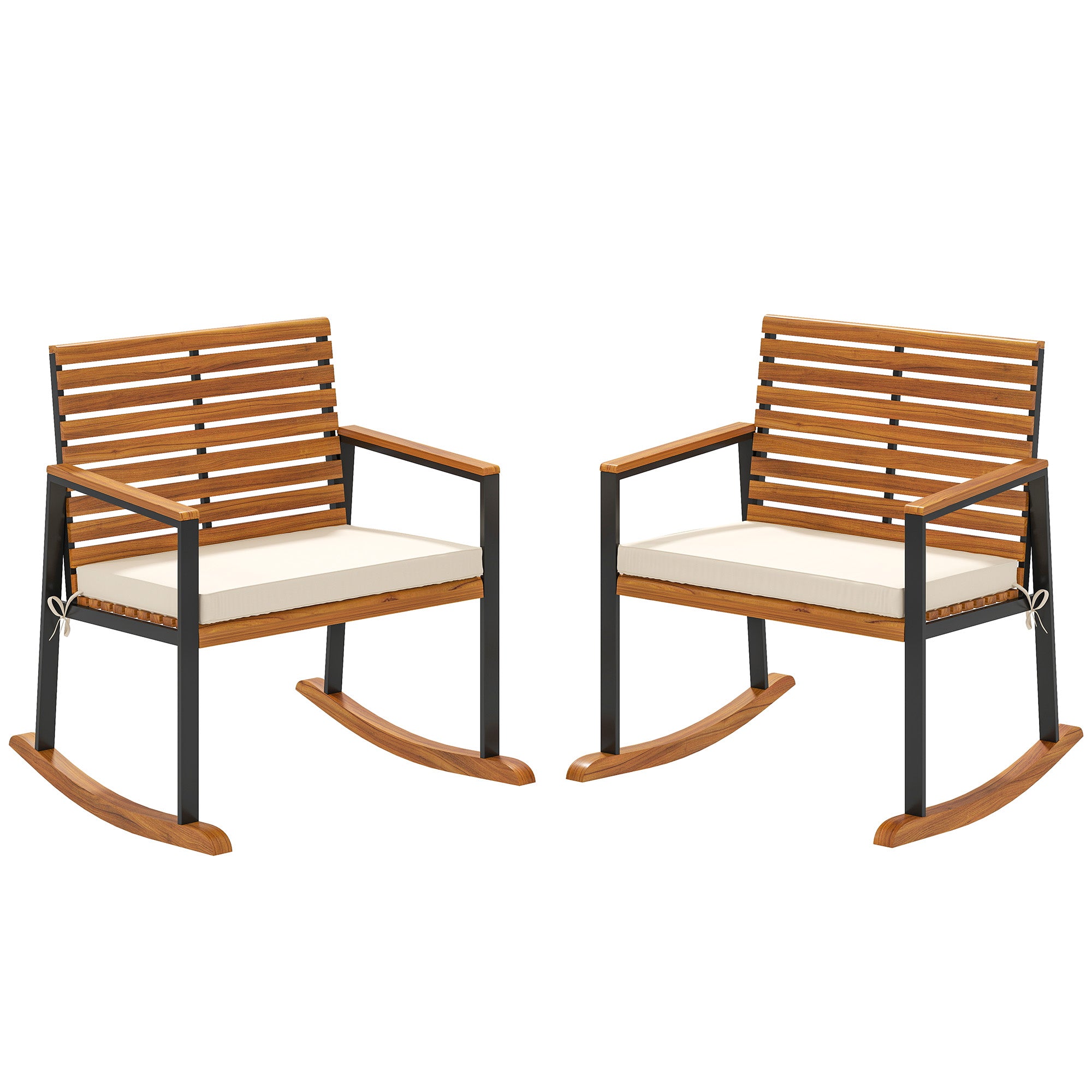 2-Piece Acacia Wood Outdoor Rocking Chair Set with Cushions