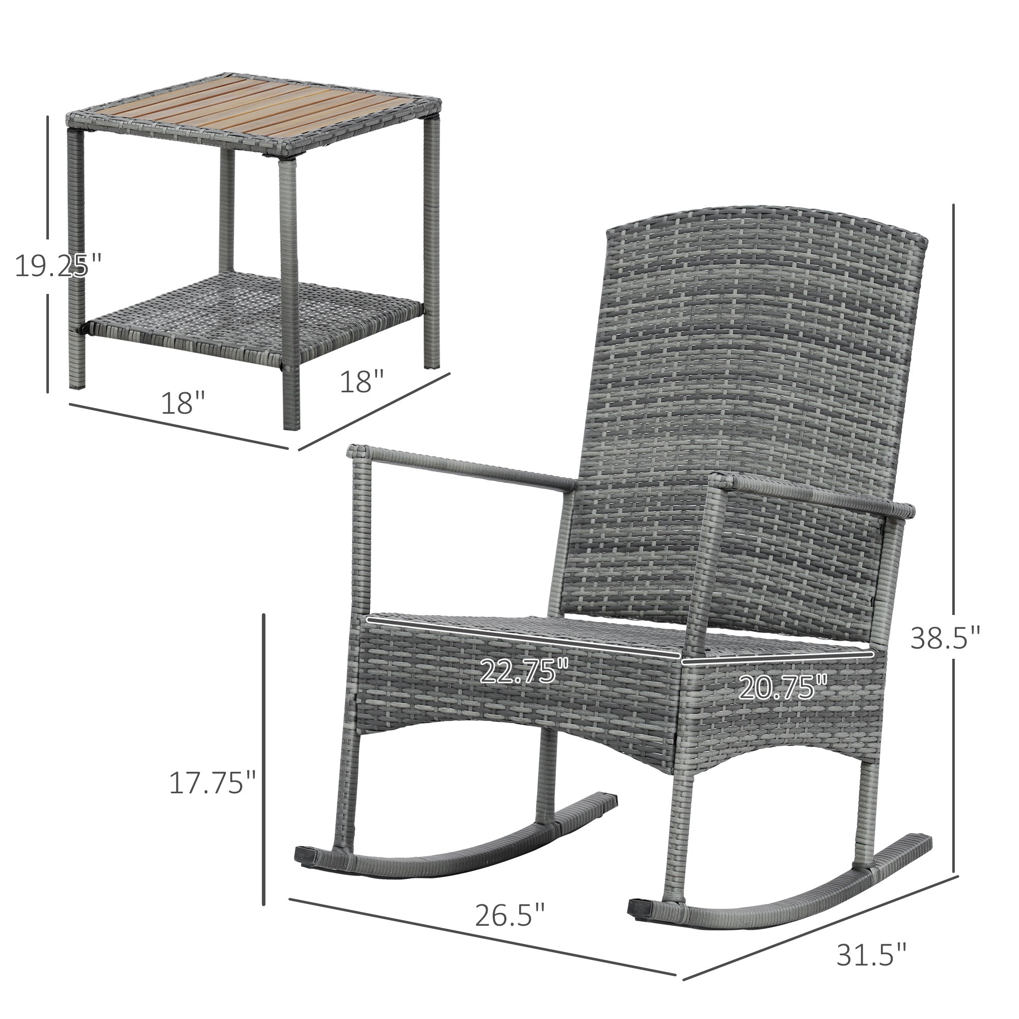 3-Piece Outdoor Rocking Chair Set with Cushions & Wood-Top Coffee Table