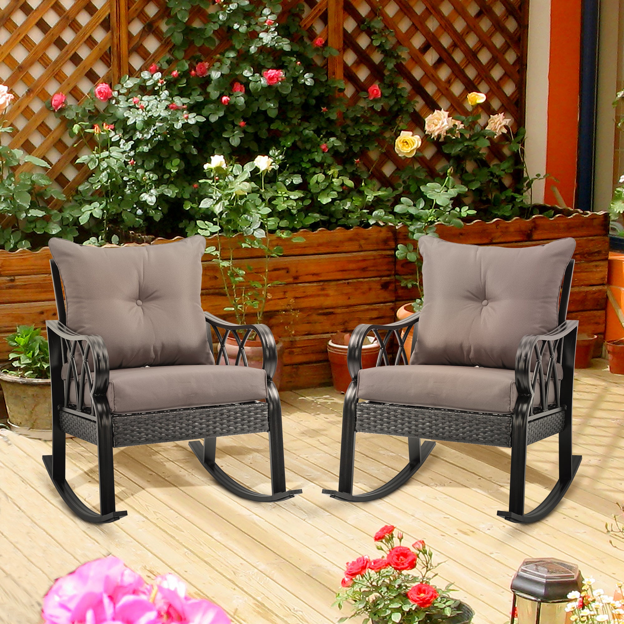 2-Piece Outdoor Wicker Rocking Chair Set – All-Weather PE Rattan Patio Chairs with Cushions – Aluminum Frame