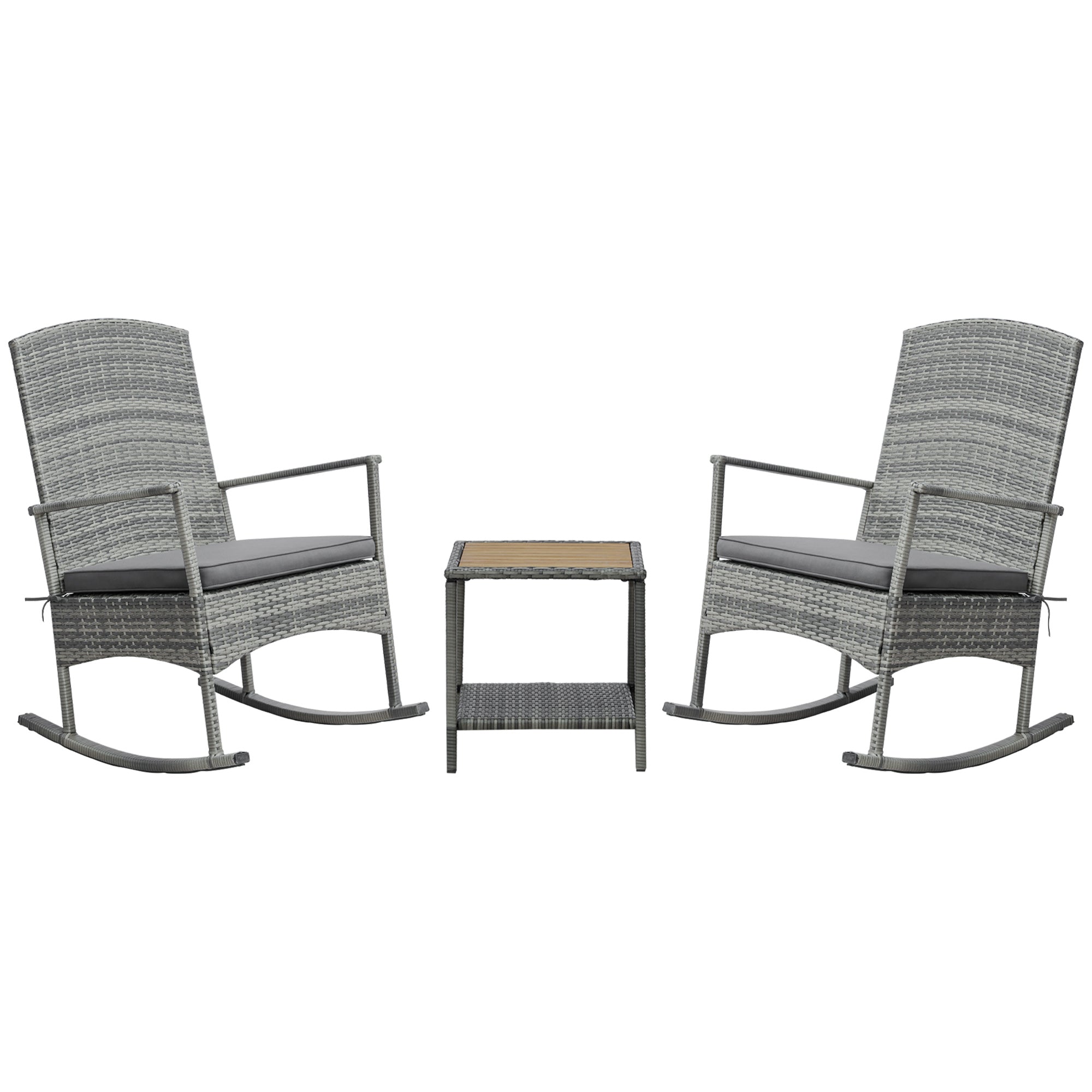 3-Piece Outdoor Rocking Chair Set with Cushions & Wood-Top Coffee Table