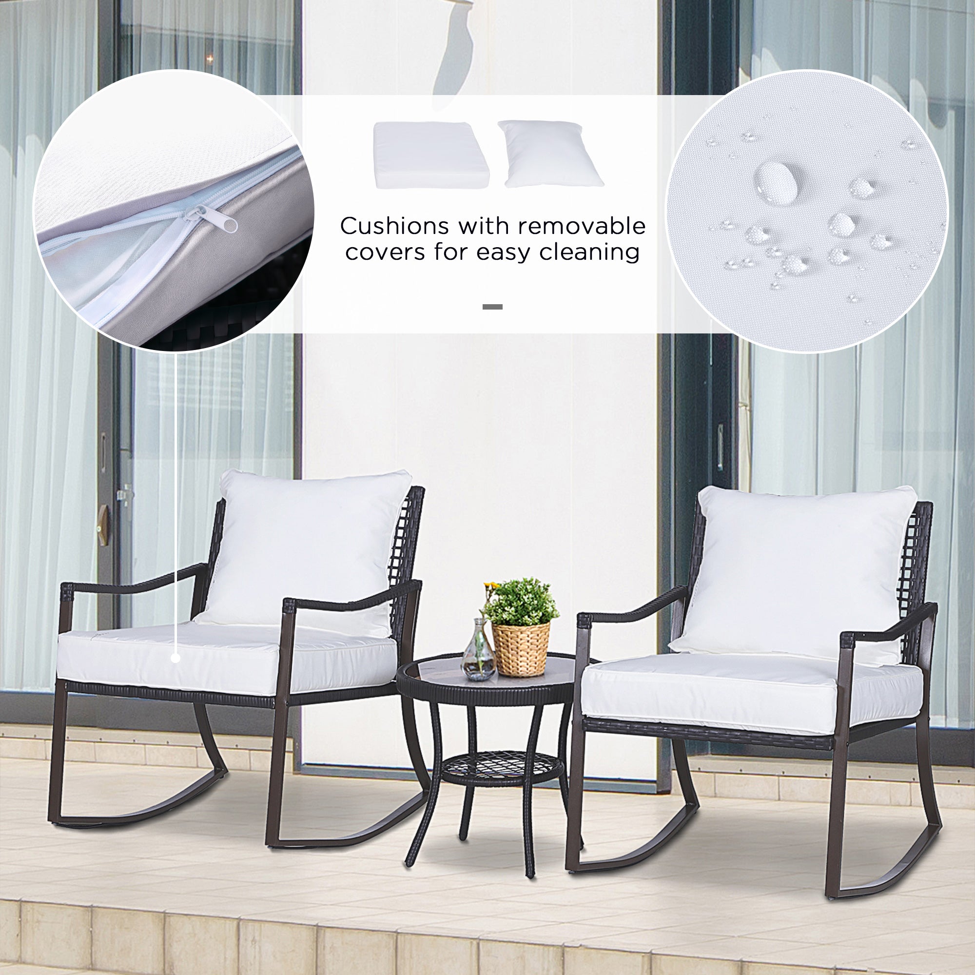 3-Piece Outdoor Rocking Chair Set with Tempered Glass Table