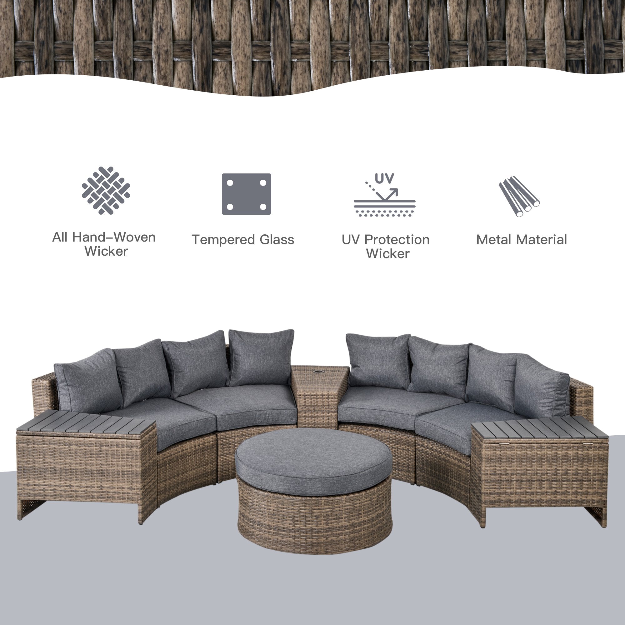8-Piece Modular Wicker Patio Furniture Set – Outdoor Rattan Sofa with Side Tables, Cushions & Coffee Table