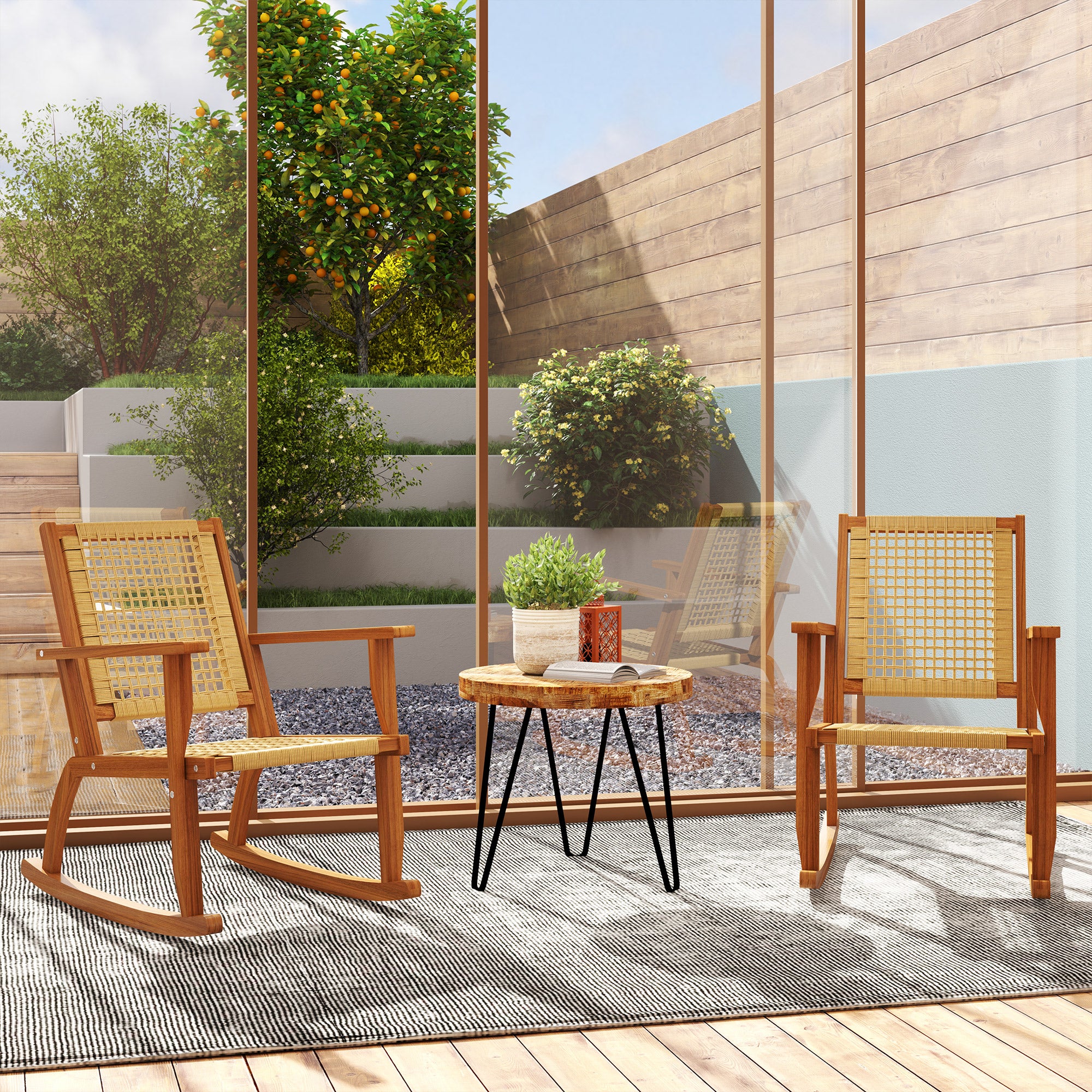 2-Piece Acacia Wood Outdoor Rocking Chair Set with Wicker Back and Seat