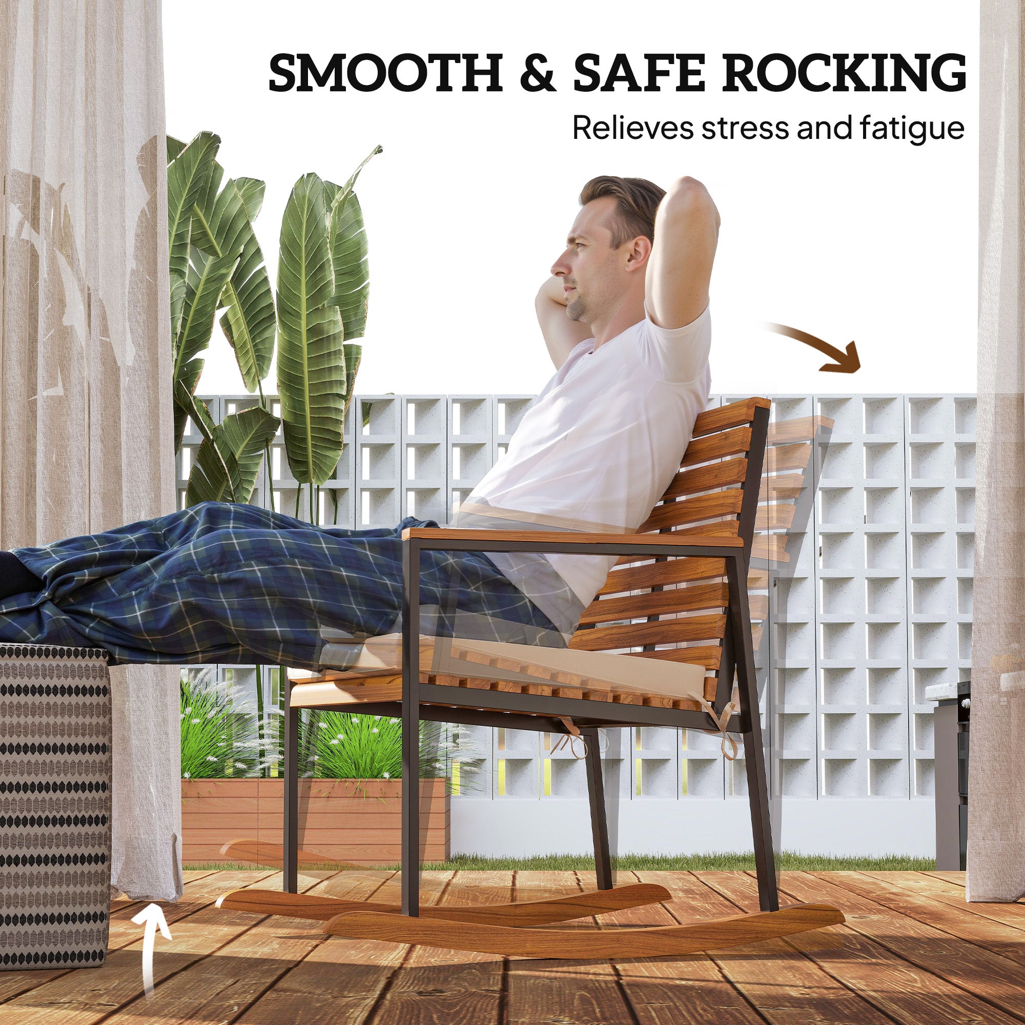 2-Piece Acacia Wood Outdoor Rocking Chair Set with Cushions