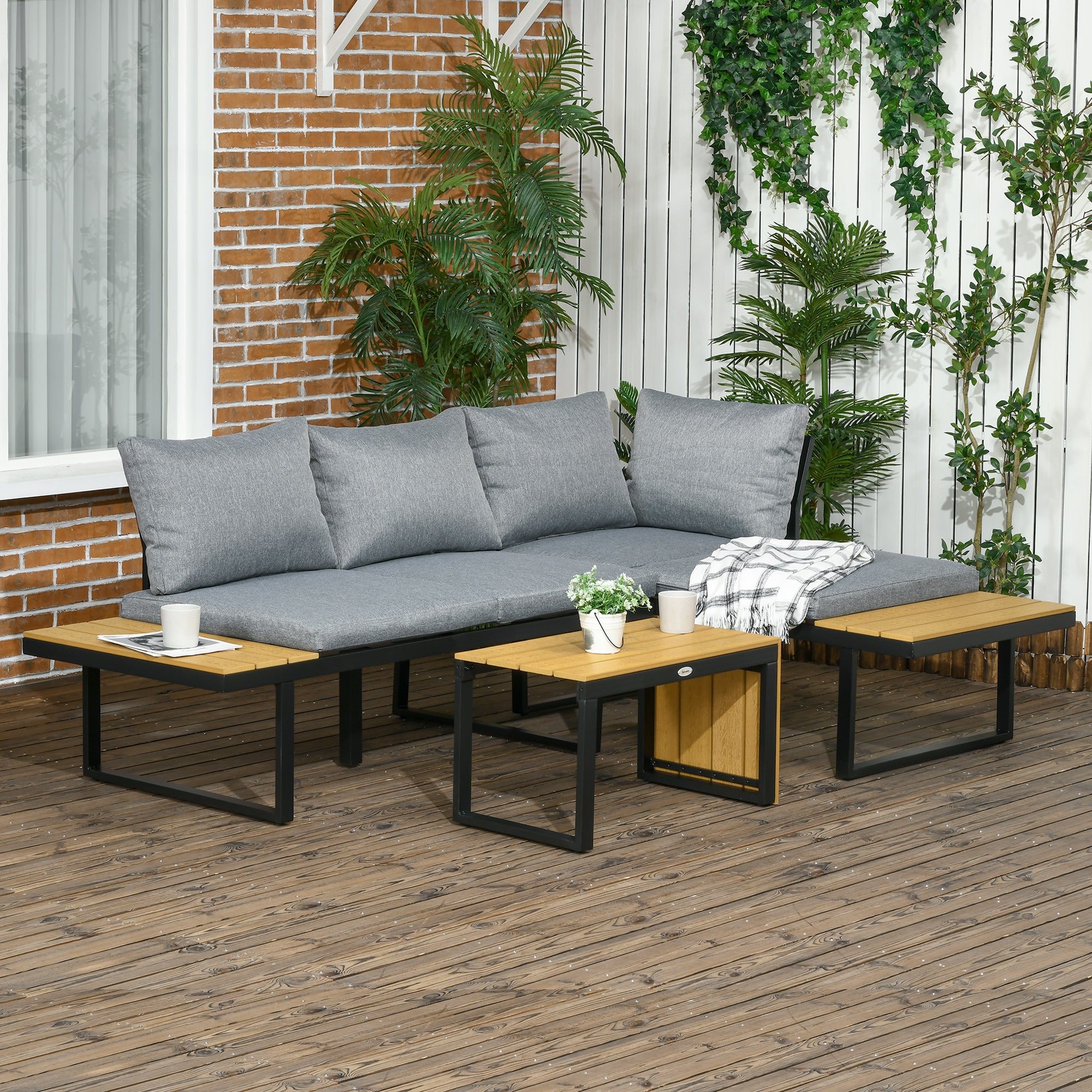 3-Piece Outdoor Aluminum Sectional Sofa Set with Chaise Lounge & Coffee Table