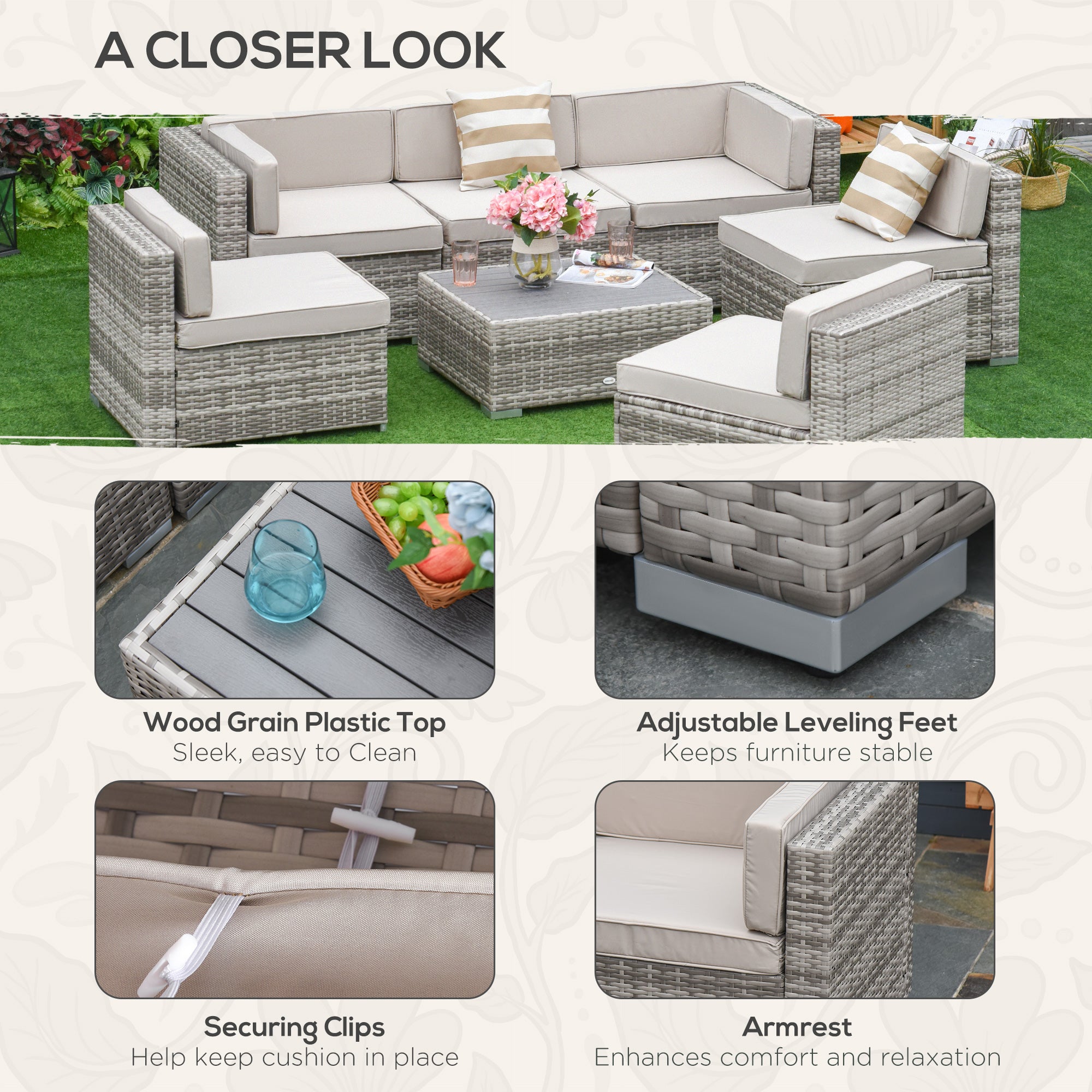 7-Piece Rattan Outdoor Sectional Sofa Set – Modular Patio Seating with Cushions & Glass Coffee Table