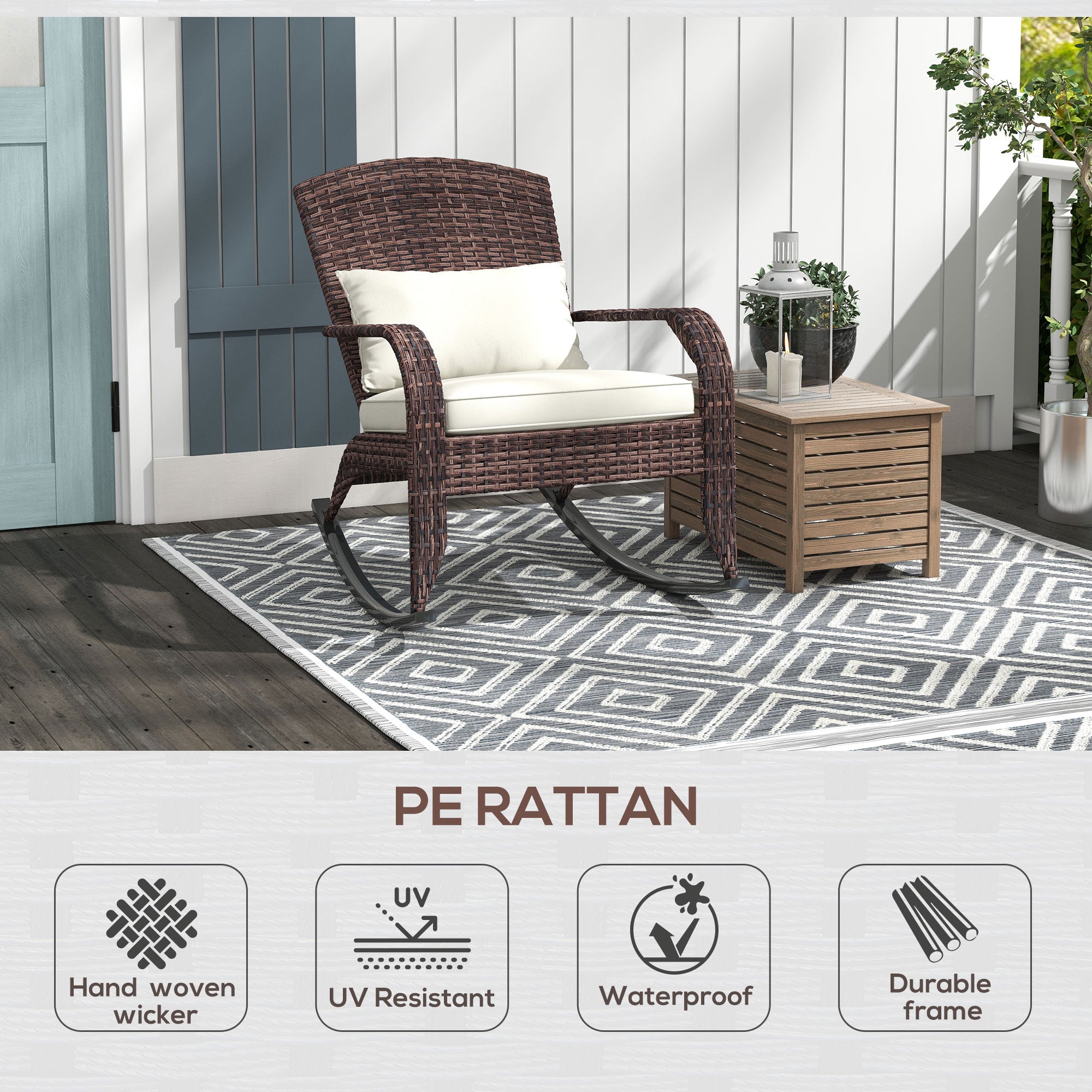 PE Rattan Adirondack Rocking Chair – Handwoven Wicker Style with Cushions