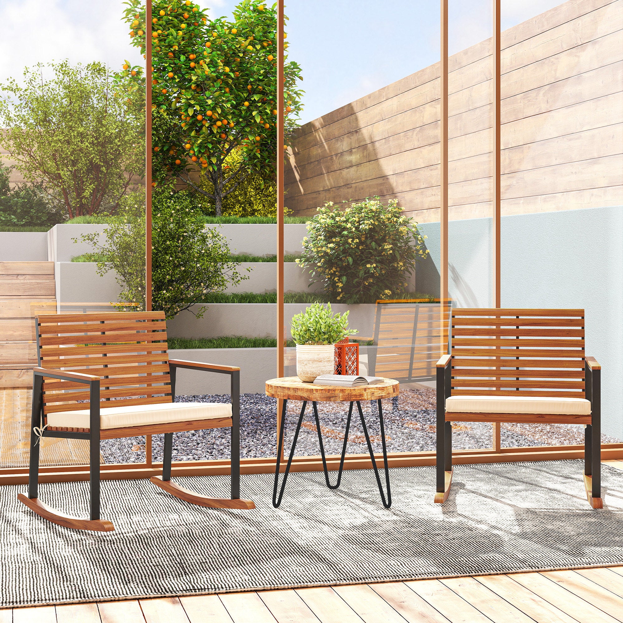 2-Piece Acacia Wood Outdoor Rocking Chair Set with Cushions